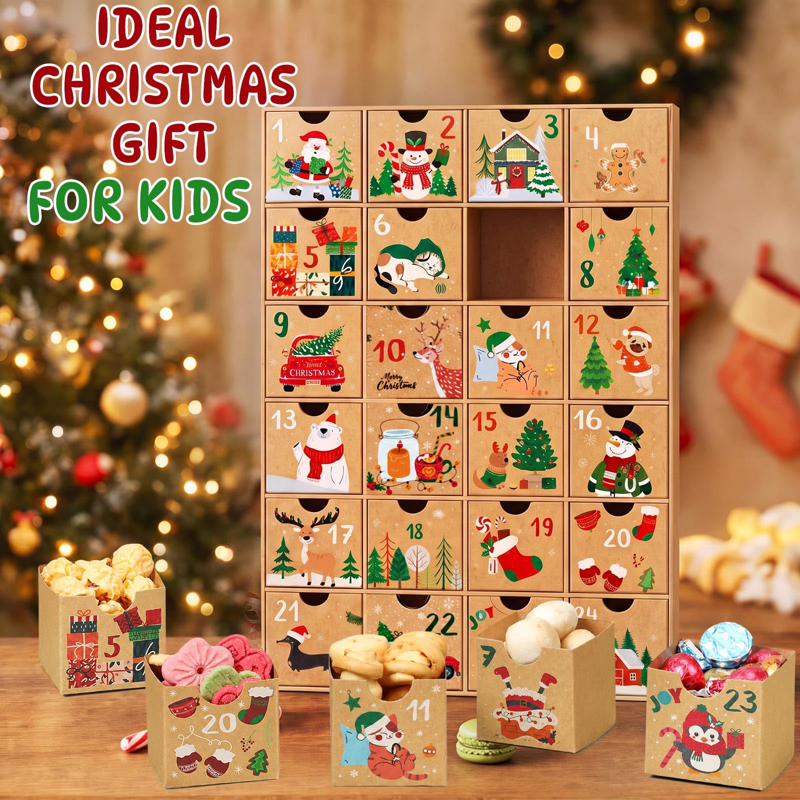 Containlol Cajas de calendario de Adviento de Navidad, cajas de regalo de cuenta regresiva de Adviento, número de cartón de Navidad, calendario vacío, decoración navideña para llenar tu propio regalo