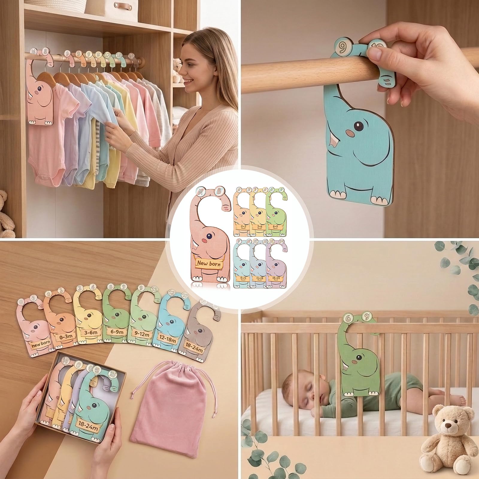 Divisorio per Armadio Bambini,7 Pezzi Separatori per Guardaroba in Legno Sicuri,Stile elefante, per Suddividere i Vestiti del Bambino 0-36 Mesi
