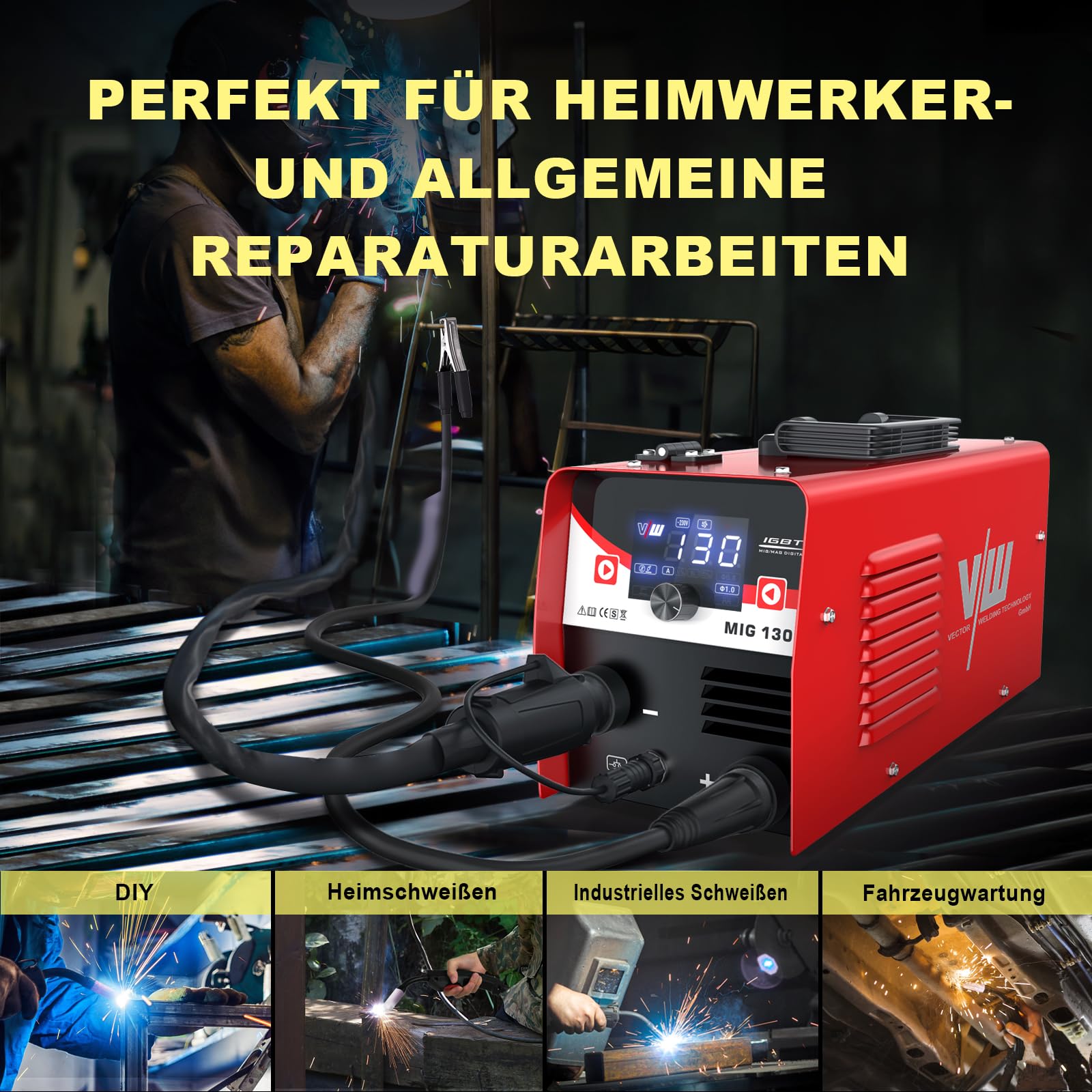 MIG Schweißgerät 130 A, Fülldraht Schweissgerät Set für Anfänger, IGBT Interver Schweißgerät mit Schweißhelm, Elektrodenschweißfunktion, VECTOR WELDING