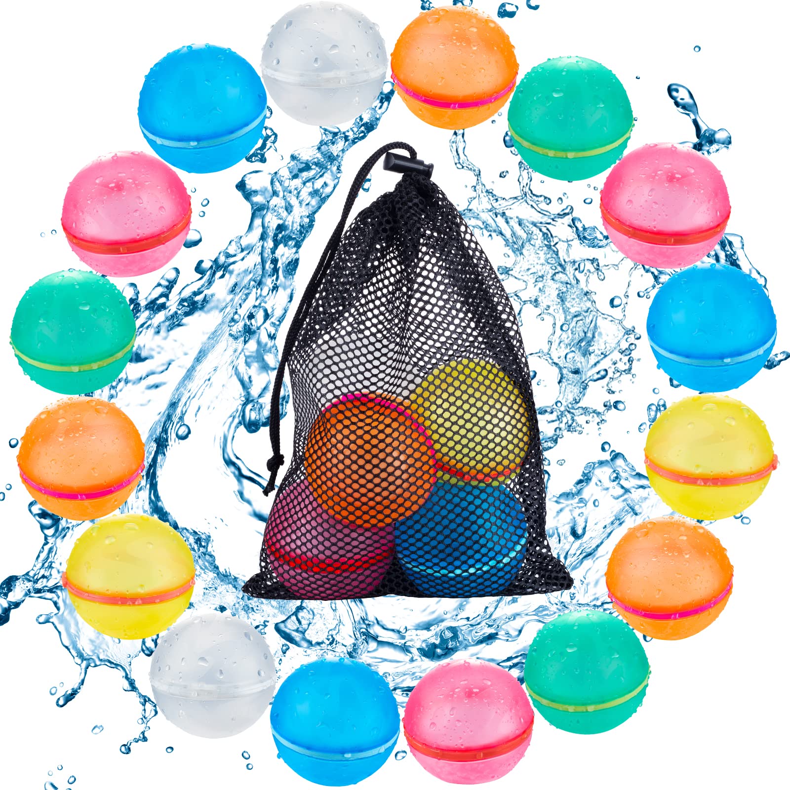 16PCS Reusable Water Balloons, Refillable Silicone Bath Pool Beach Toys for Kids, Quick Fill Self-Sealing Splash Balls for Outdoor Water Fun Summer Family Games 16 Pcs