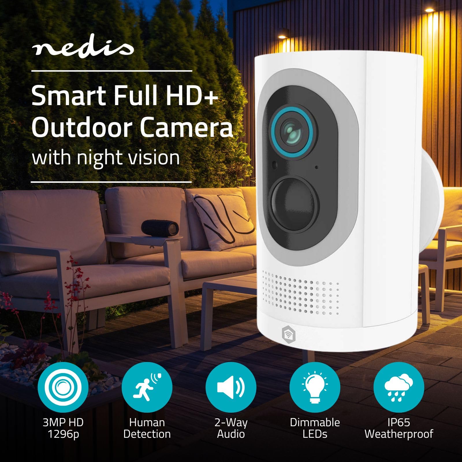 NEDIS WIFICBO33WT Telecamera Wi-Fi da Esterno SmartLife | 3MP Full HD 1296p | Visione Notturna a Colori | Rilevamento Persone | IP65 | Audio Bidirezionale | Batteria 6700mAh | Bianca