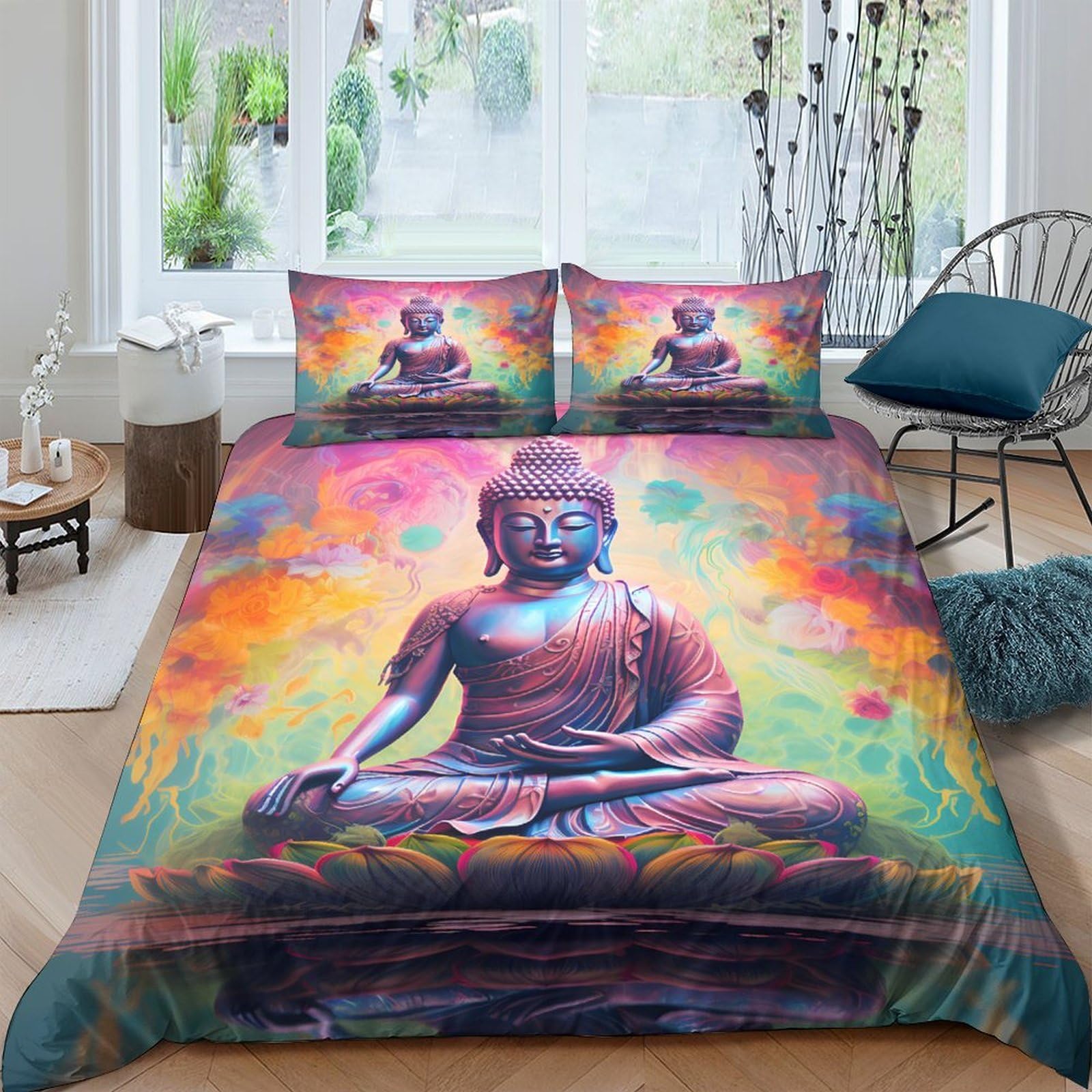 GPLZQXKJNH 3D Printed Buddha Meditation Duvet Cover Microfiber Vibrant Colourful Mandala Bedding Set with 2 Pillowcases for Bedroom Decor Single（135x200cm）