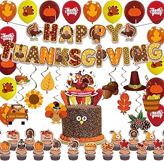 ENVEN 108pcs Fall Thanksgiving Party Decoration Supplies Kit HAPPY THANKSGIVING Banner Hanging Swirls Balloons Stickers Party Decorations Sets for Kids Fall Thanksgiving Party Set