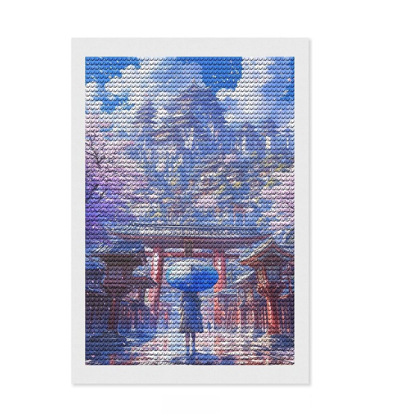 Junmoney Sakura Temple Ascent Diamond Painting Set 8"x12", for Family Craft Time, Sparkling Round Gems, Christmas Gift, Bedroom Decor
