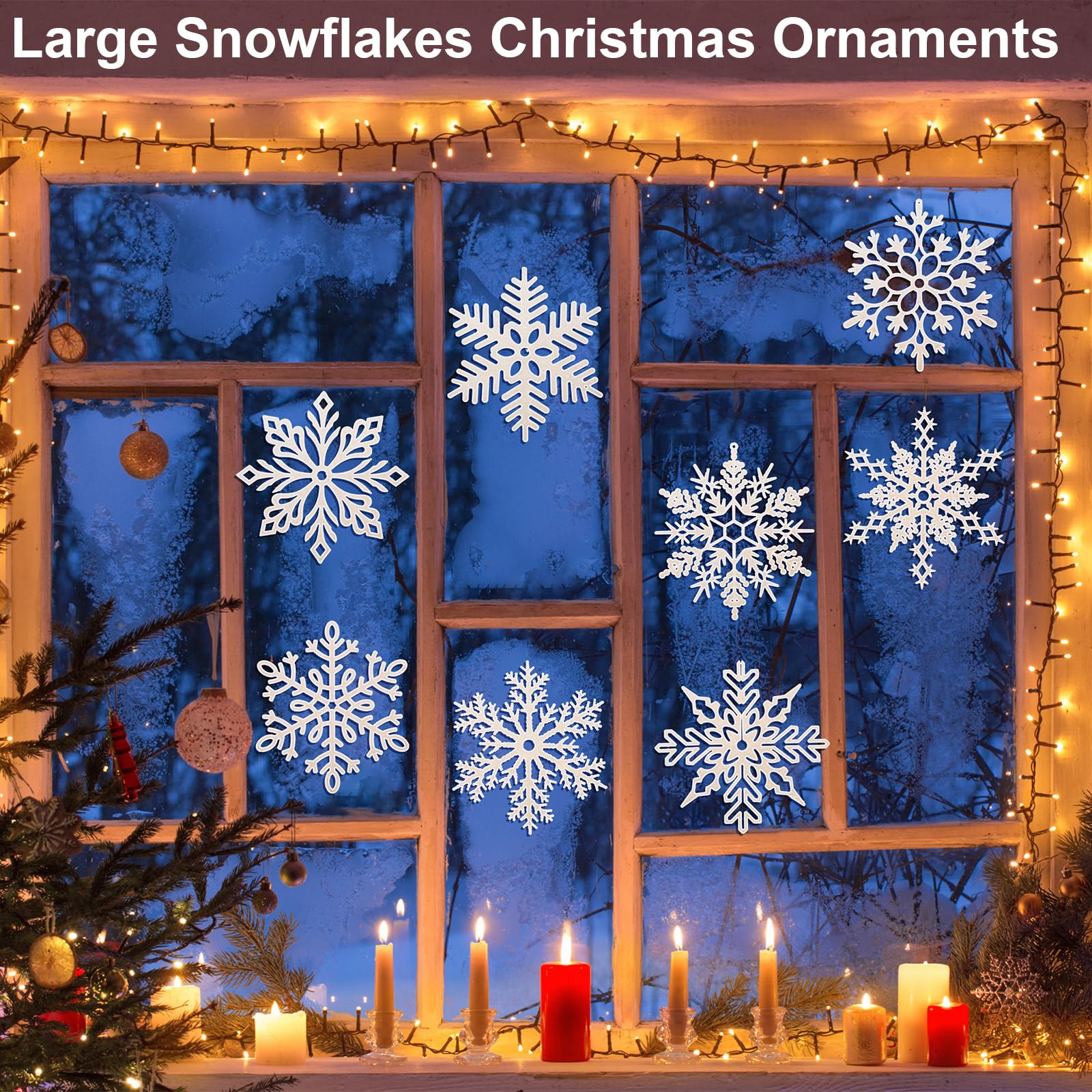 Large Snowflakes Extra Large Outdoor Christmas Ornaments Glittered Snowflakes Decorations Oversized Christmas Ornaments Snowflake Window Hanging Decorations (White Vivid Style, 24 Pcs)