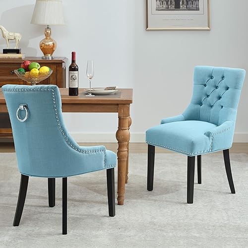 Miniatura 20 de Sillas de comedor tapizadas con brazos, juego de 2, sillas de comedor con patas de madera maciza y respaldo copetudo (lino + gris) Gris