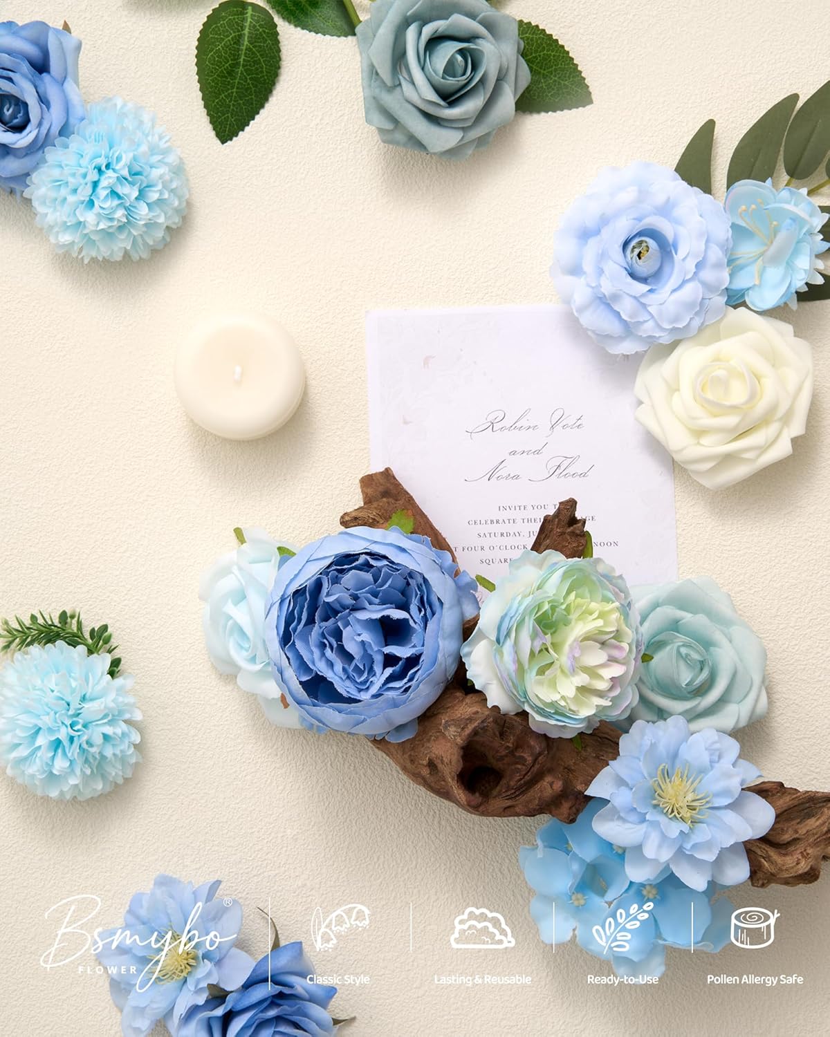 Artificial Flowers Combo Baby Blue Flowers Mix Roses Peonies Hydrangea Orchids Poppy Daisy with Floral Stems for Wedding Bridal Bouquets Baby Shower Floral Arrangement Table Centerpieces Home Decor