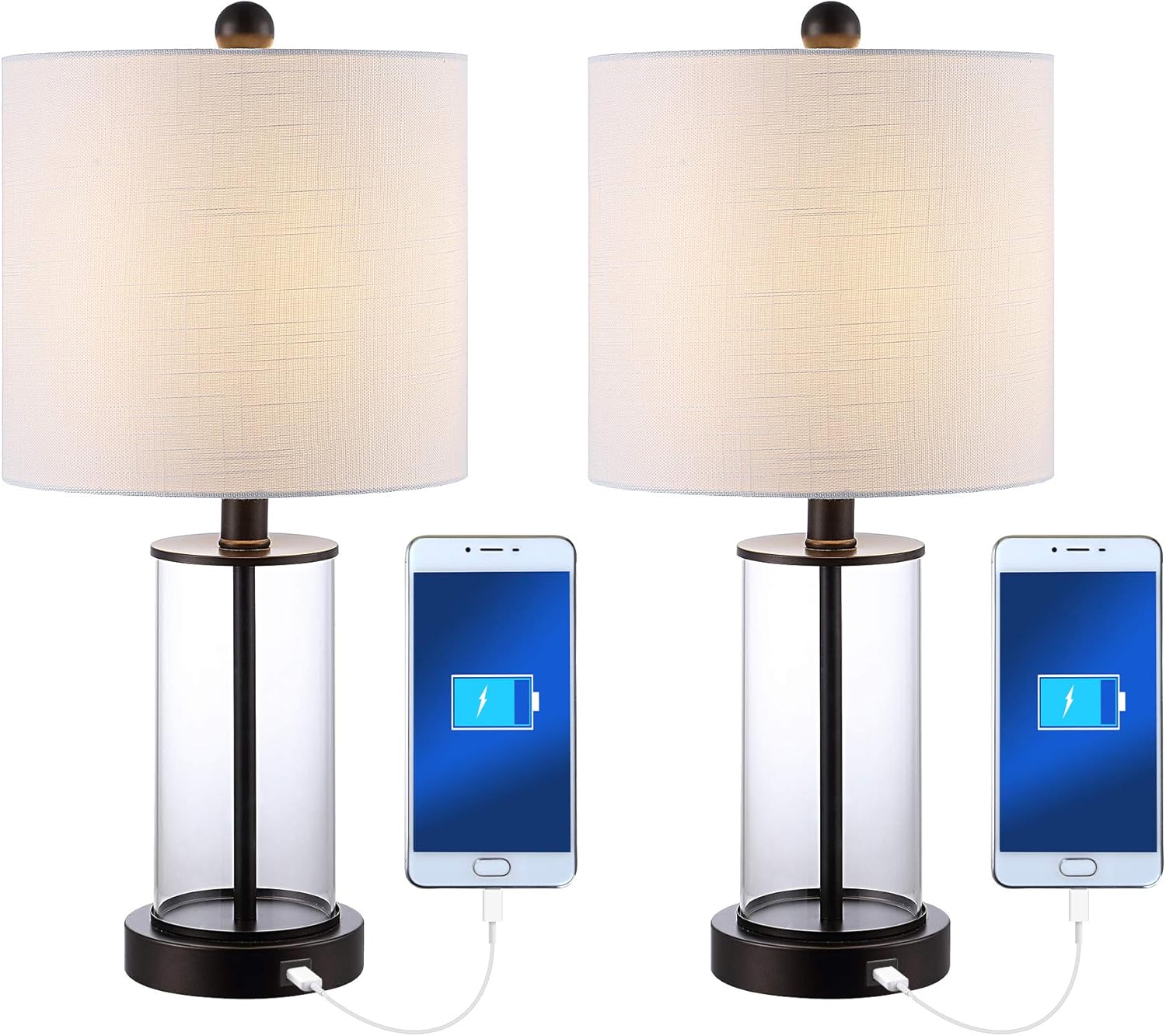 JONATHAN Y 21" Oil Rubbed Bronze/Clear Modern Glass Table Lamp Set of 2, Bedside Nightstand Lamps with USB Charging Port, White Linen Shade, LED Bulbs Included JYL8500A-SET2