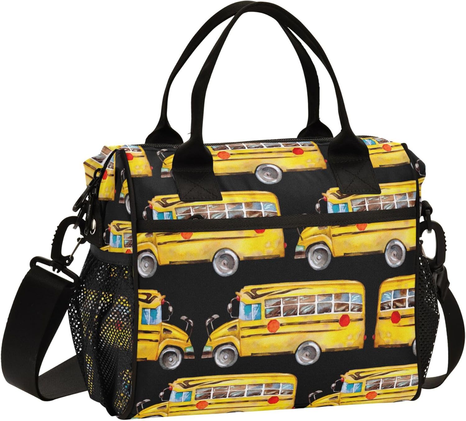 Watercolor Yellow School Bus Lunch Box for Men Women Insulated Lunch Bag Cooler Bag Large Adult Lunch Box for Work Picnic Travel
