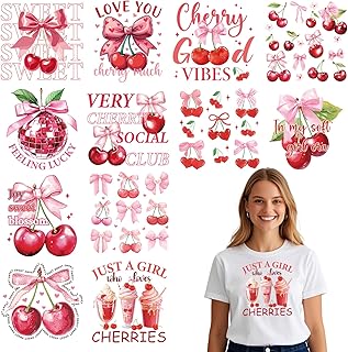 Falueqg Dtf Transfers Ready to Press - 12Pcs Cherry Iron on Transfers for Tshirts, Fruit Iron on Decals Patches, Coquettee Bow Heat Appliques Vinyl Stickers for Clothes Pillows Bag Hat DIY Crafts