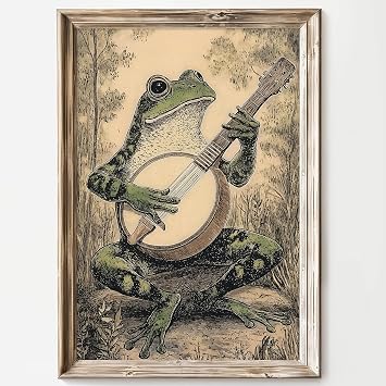 Vintage Wall Art Frog Playing Banjo Print Funny Animal Posters Japanese Style Picture Amphibian Wall Art Japanese Frog Painting Funny Boho Animal Canvas Dark Cottagecore Prints 16x24inch No Frame