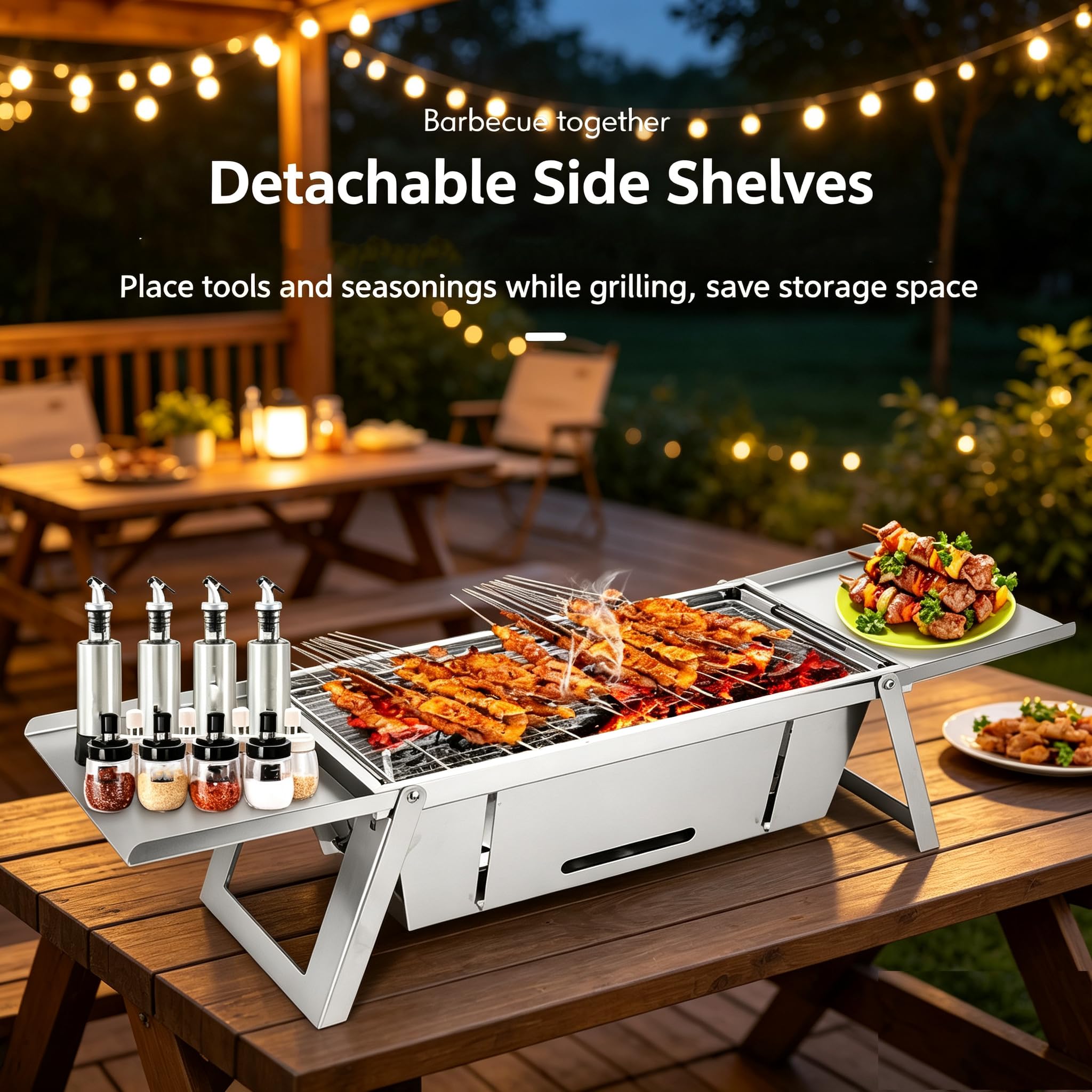 Barbecue a carbone pieghevole con doppie scaffalature laterali e set dii | Barbecue da Tavolo in Acciaio Inossidabile Cucina Portatile Pieghevole per Giardino, Campeggio, Picnic Adatto a 3-6 Persone