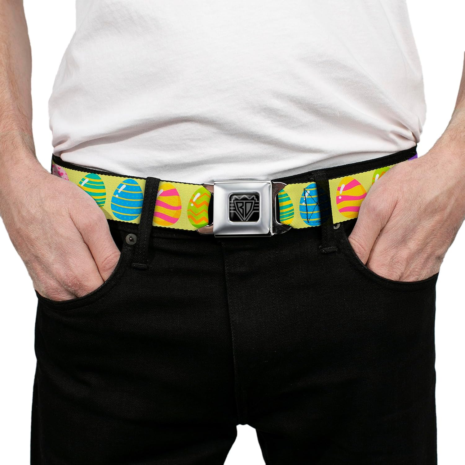 Buckle-Down Belt, Seatbelt Buckle Belt, Easter Eggs Decorated Eggs Multi Color, Adjustable