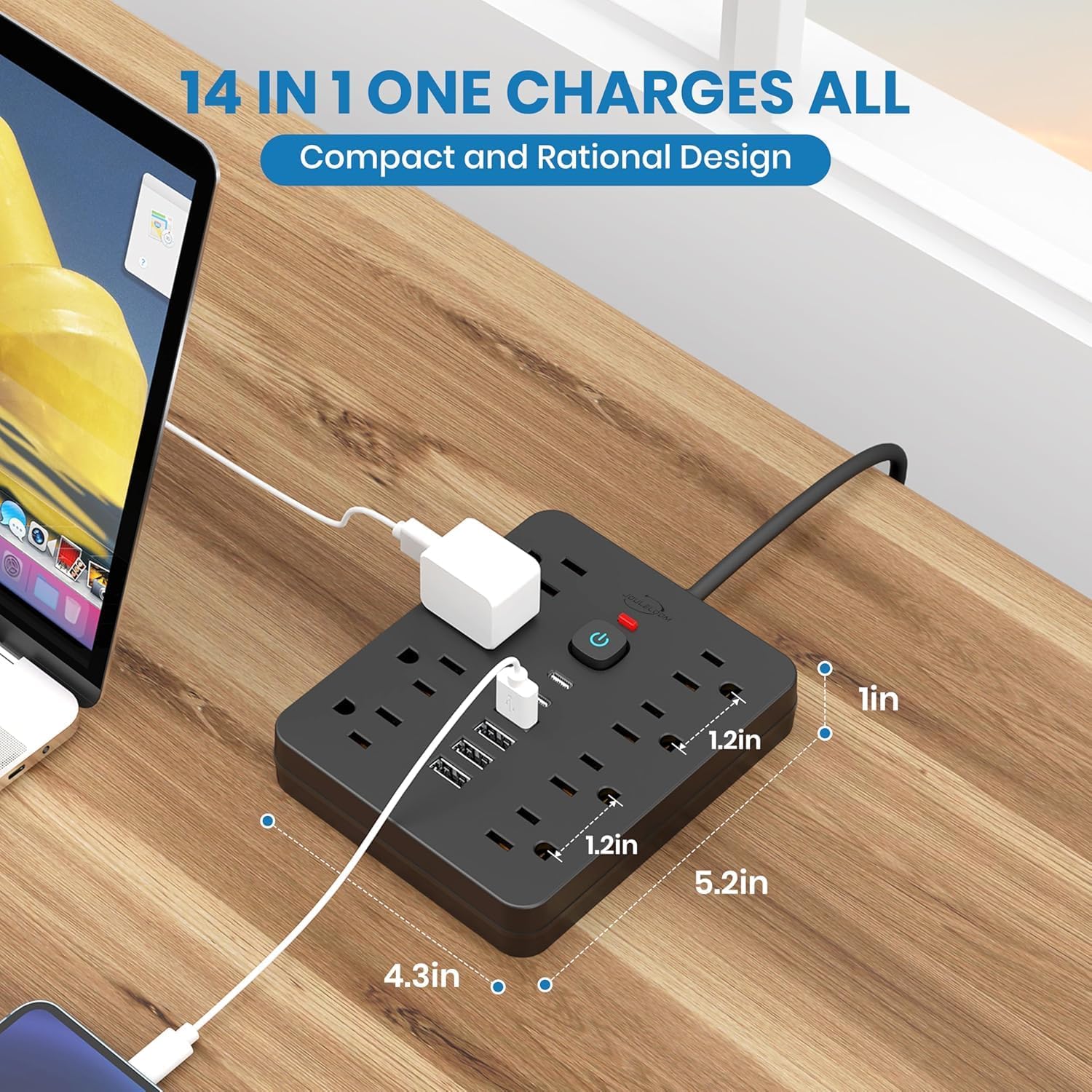 JouleLoom Power Strip Surge Protector with 8 Outlets, 4 USB and 2 USB C Ports, 5 Ft Extension Cord, Flat Plug, Wall Mount, Overload Protection Desk USB Charging Station for Home, Office（Black）