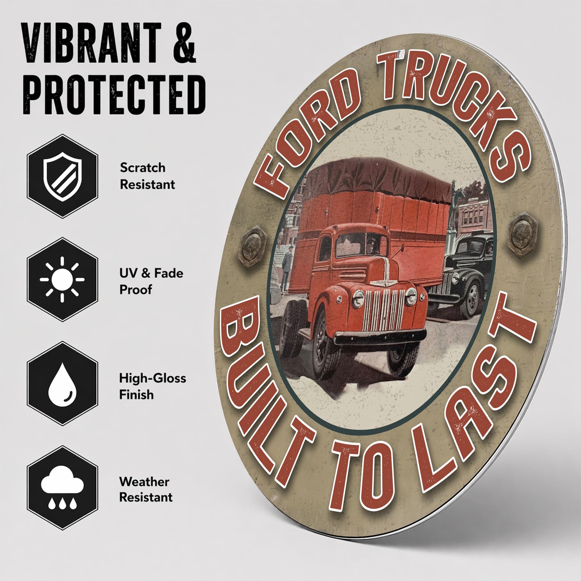Brotherhood Targa in metallo vintage con riproduzione di cartelli in metallo vintage per garage e casa, diametro 11,75 pollici – Ford Trucks Last to Built