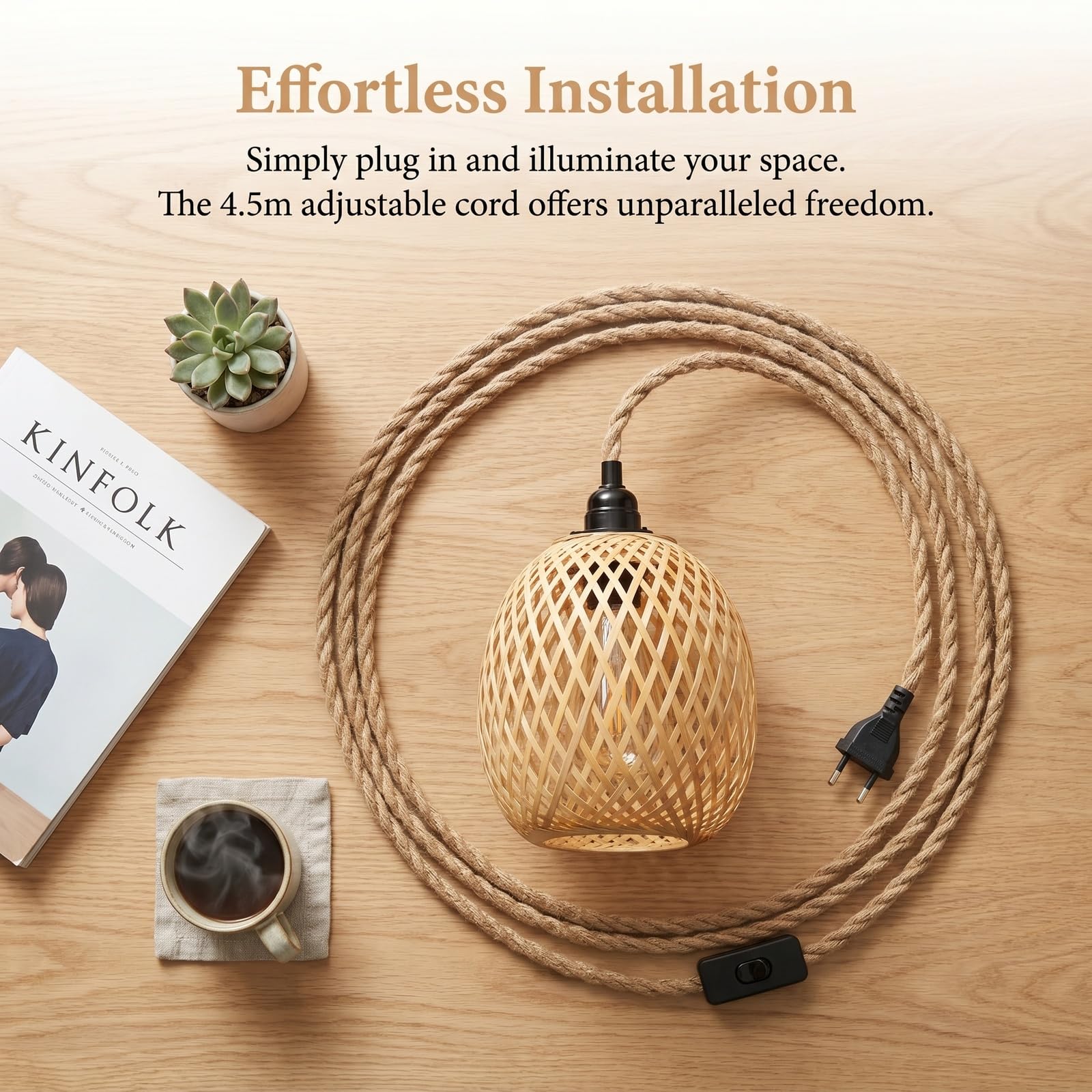 Colexy Lampadario a Sospensione in Bambù e Rattan con Cavo 4,5m e Spina, E27 Lampada Vimini Intrecciato a Mano, Luce Vintage Naturale per Camera da Letto, Cucina, Soggiorno (Senza Lampadina)