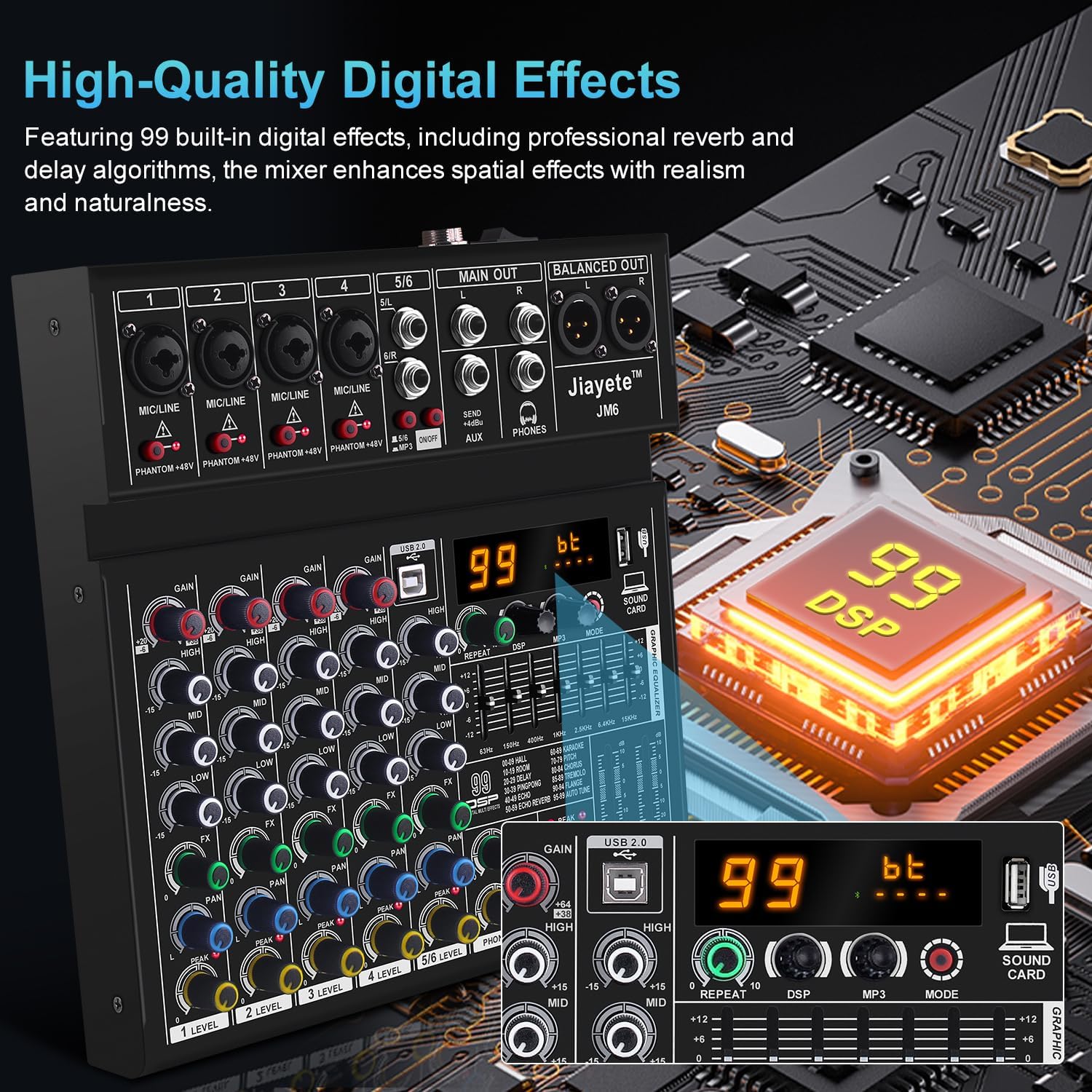 6 Channel DJ Mixer, Professional Audio Mixer, Metal, DSP 99 Preset Effects, Bluetooth Sound Board, 48V Phantom Power, Black USB Xlr Music Streaming Mini Mixing Console, Pa Mixer for PC, Podcast