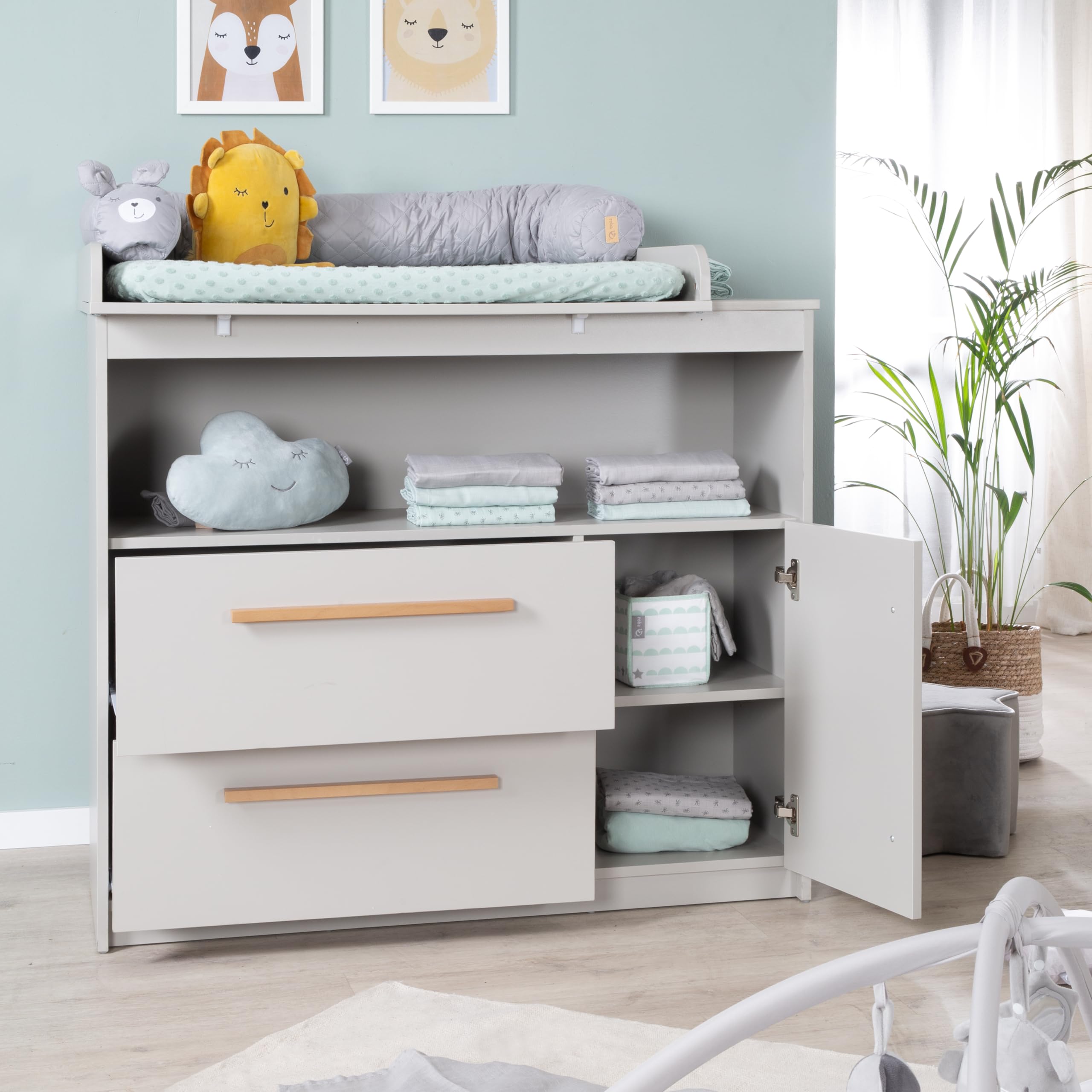 roba Wickelkommode Lea inkl. abnehmbarem Wickelaufsatz - Wickeltisch mit 2 Schubladen & 1 Tür - Griffe aus Holz - Beige/Grau