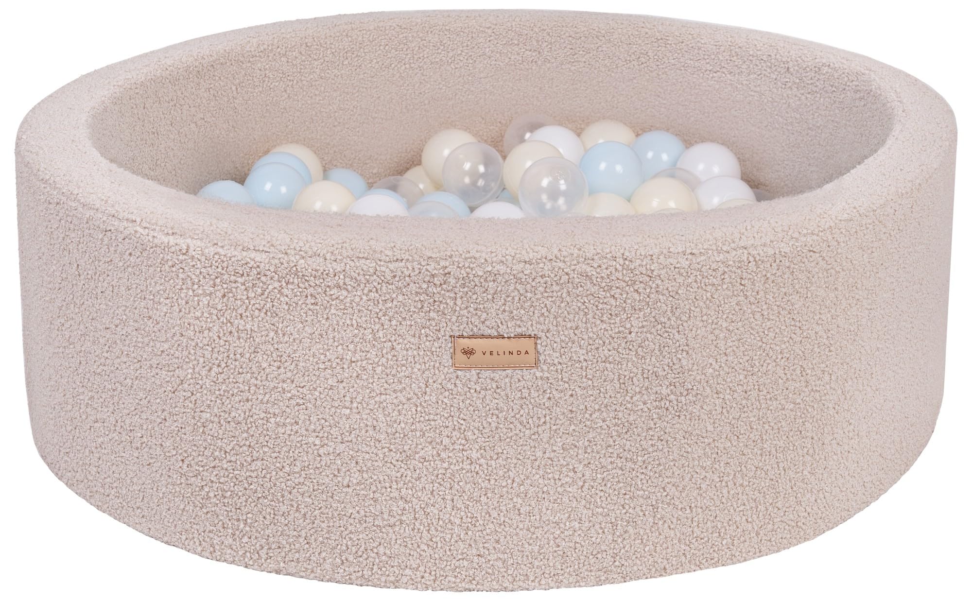 Velinda Bouclé Baby Kids Children Ball Pit with 200 Balls, Gift (Cappuccino/White, Transparent, Blue (Pastel), Yellow (Pastel))