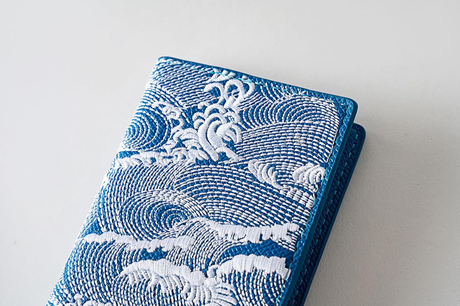 Wavy embroidery Double fold cardholder Leather Wave Pattern Bifold Wallet, RFID Blocking Card Holder, Slim multi - slot Travel Wallet (blue) Handmade Japanese Wave RFID Card Case best gift - Image 6