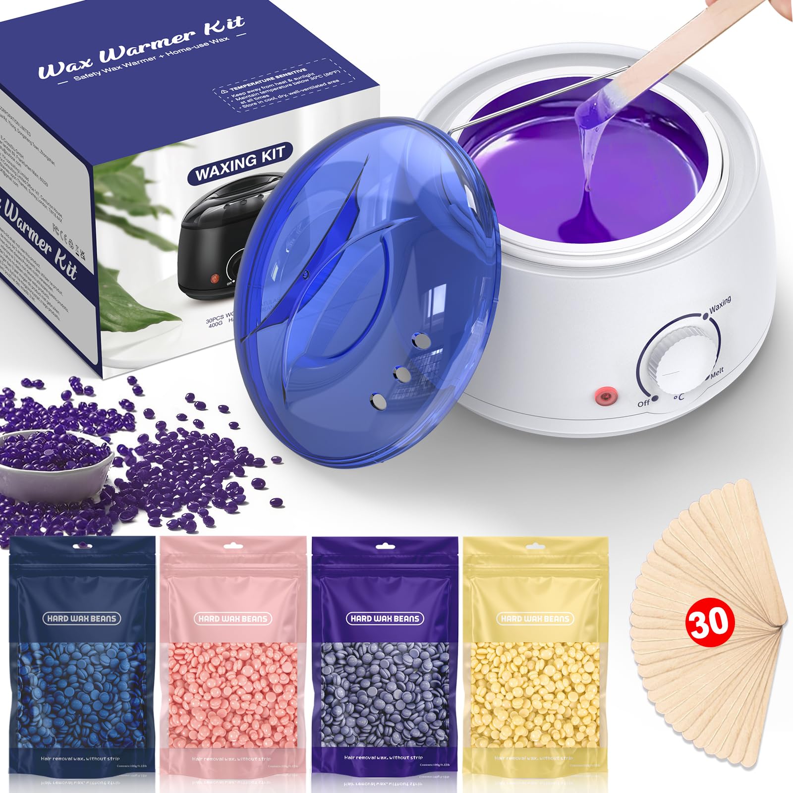 cera brasiliana kit ceretta brasiliana kit completo: JOOPLEX scaldacera completo scalda per ceretta scalda con 400g cera 30 Spatole per Uomo Donna Bianco