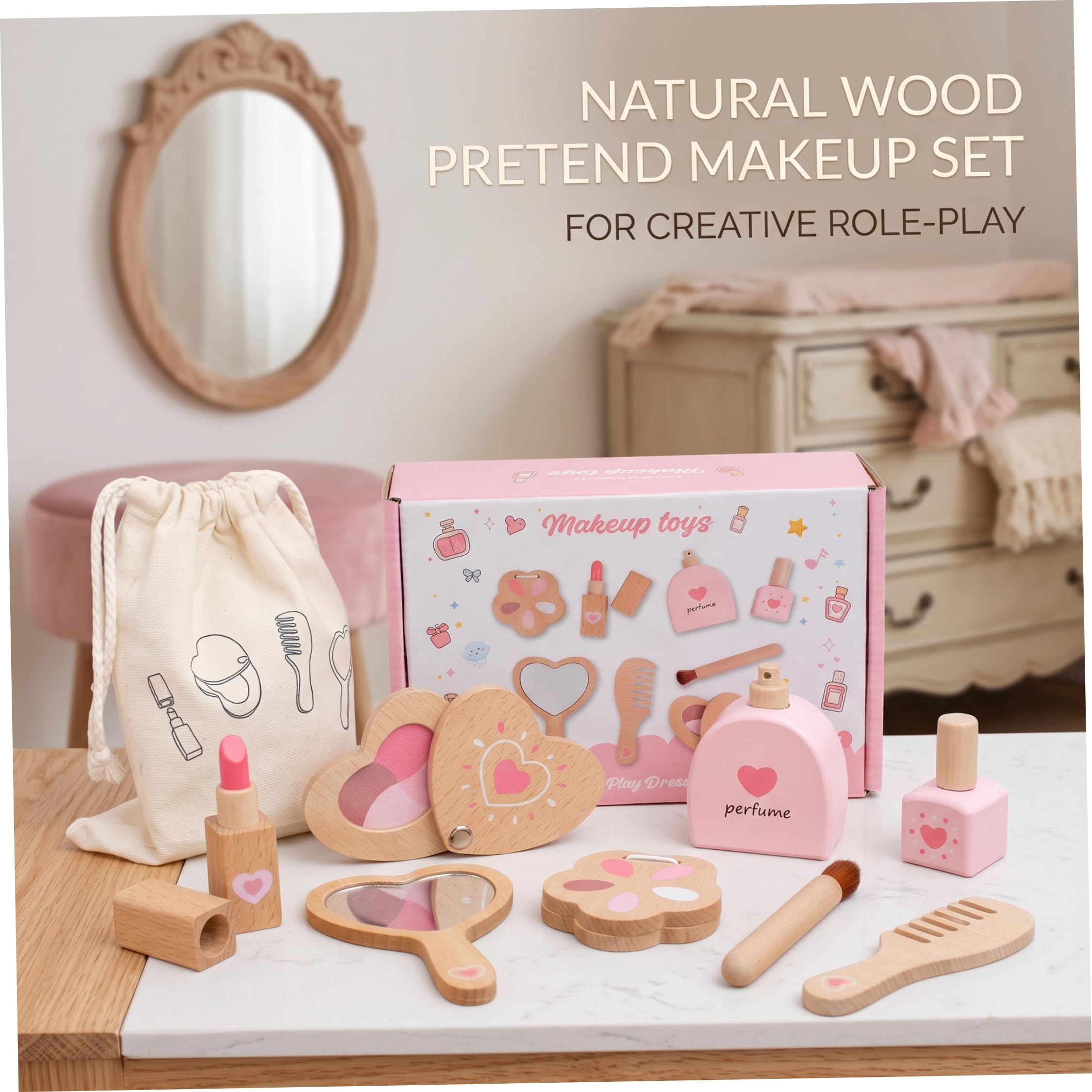 Set di giocattoli per il trucco in legno, trucco realistico per bambini Oggetti di scena in legno per giochi di bellezza, materiali sicuri per i bambini, pratica custodia per giochi di finzione