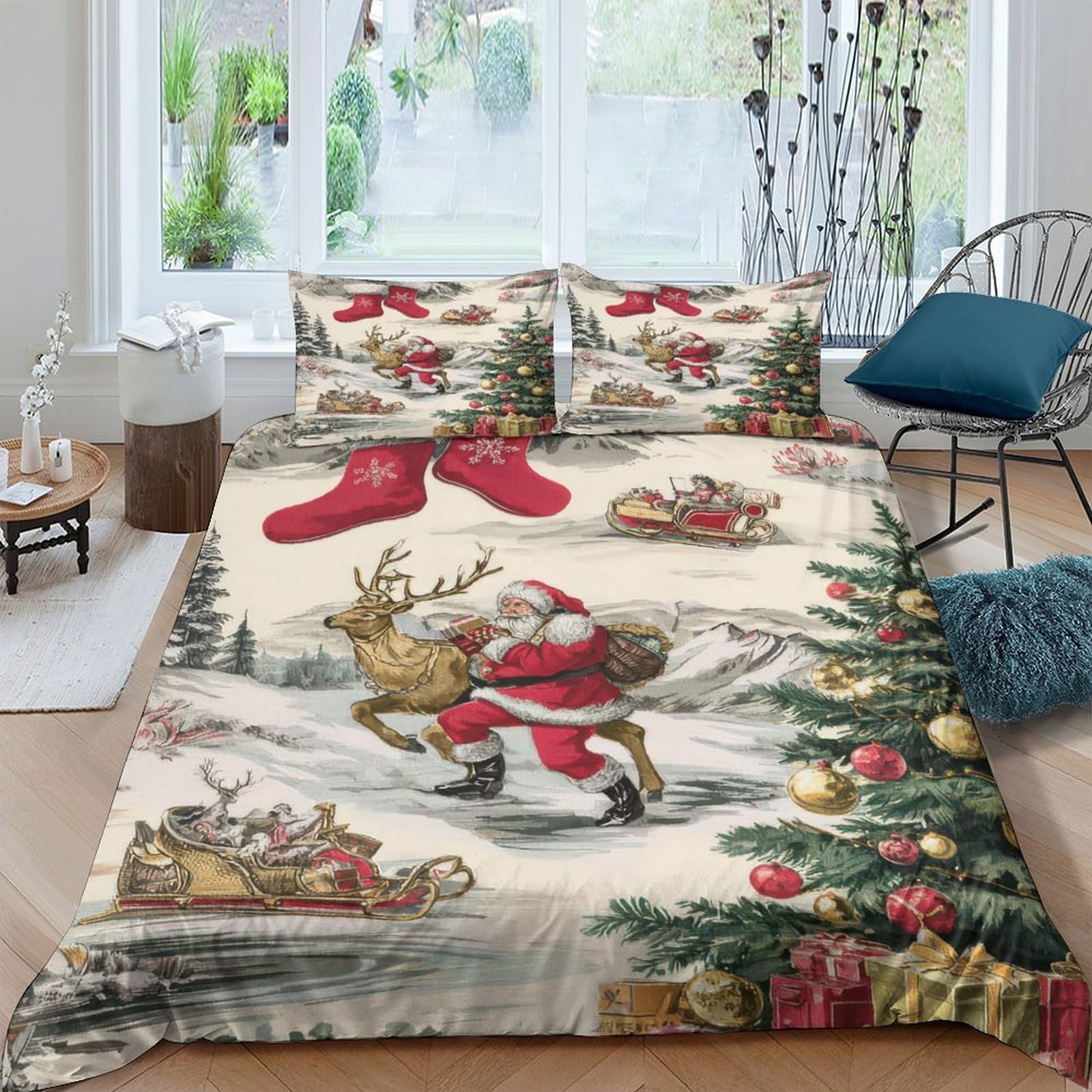 Ctjqhvkz Style-6 3D Printed Christmas Santa Claus Fitted Sheet Microfiber Festive Reindeer Bed Cover For Bedroom Guest Room Decor Single（135X200cm）