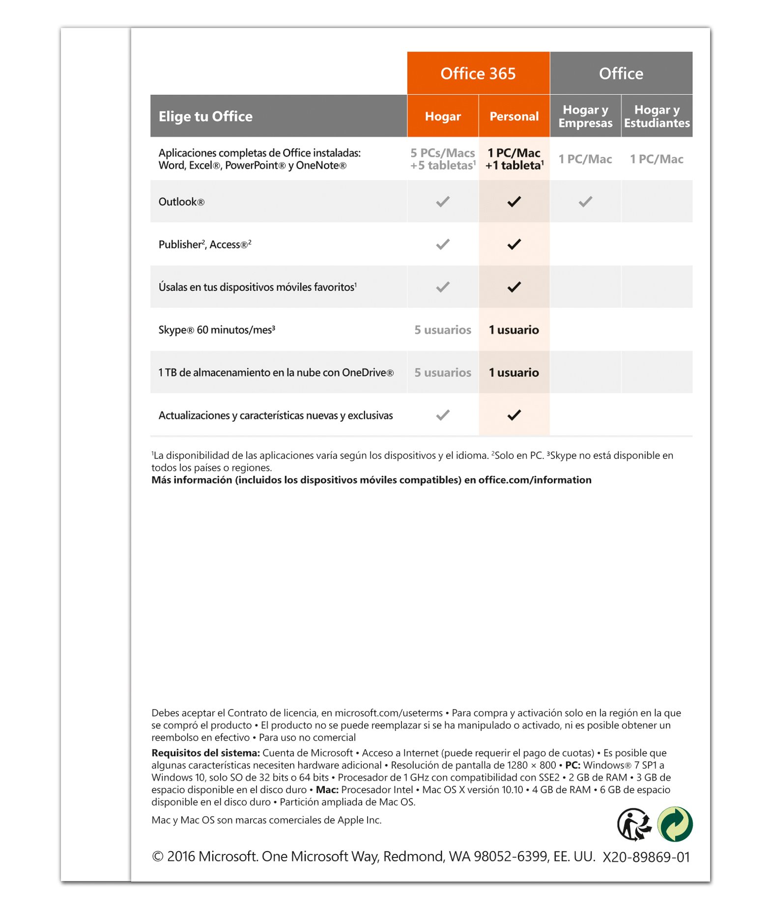 Microsoft Office 365 Personal 1 PC/Mac + 1 Tablet 1 año