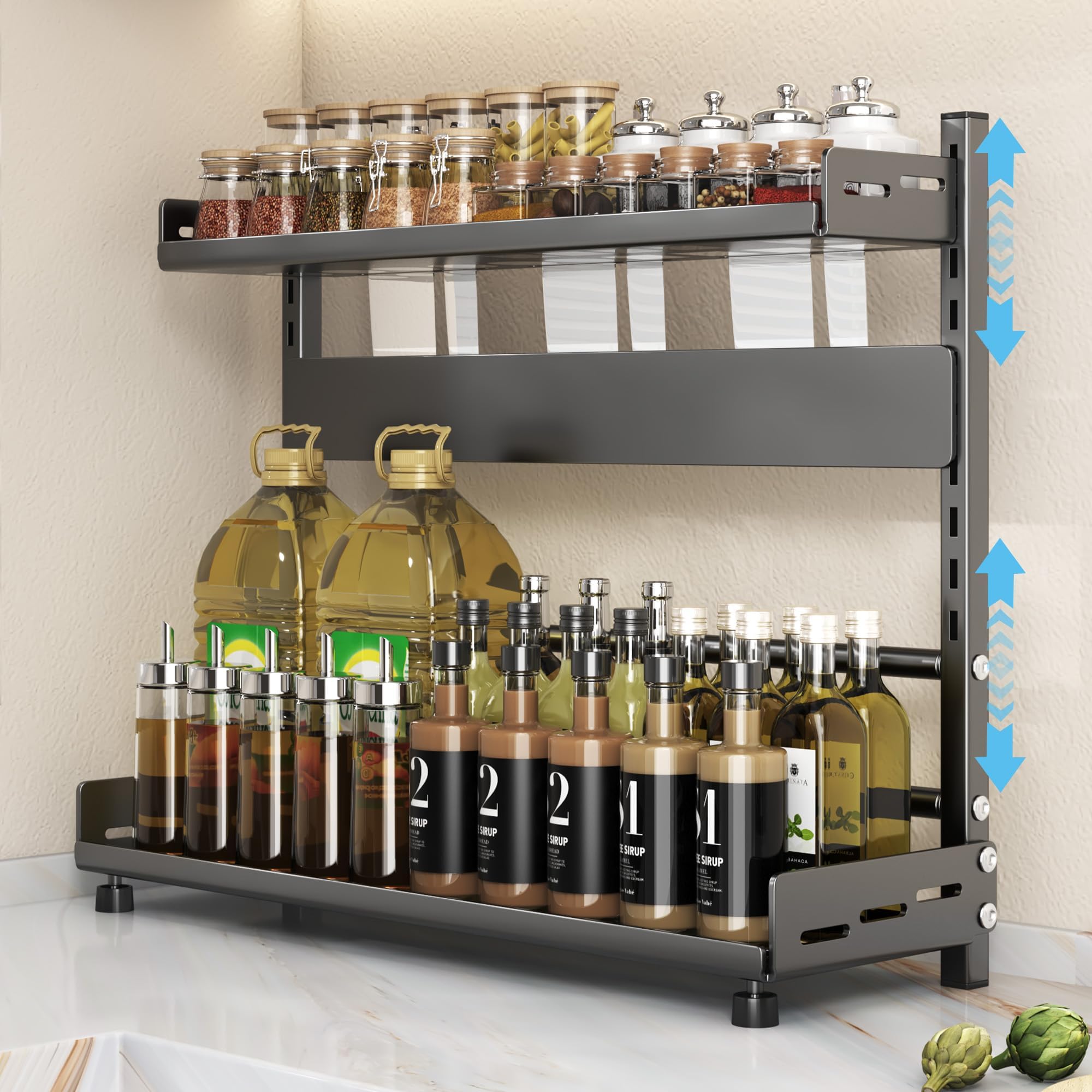 VORA Spice Organization for Cabinet, 2-Tier Metal Height-Adjustable Kitchen Countertop Spice Cabinet Organizers, Rust-Proof Kitchen Counter Shelf with
