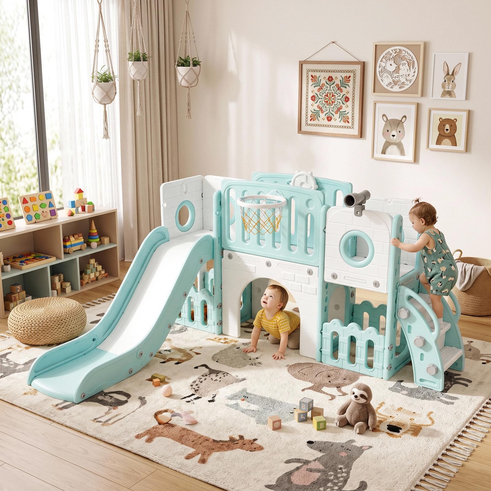 MAMIZO 9 en 1 Tobogán Infantil,Tobogán para Niños con Canasta de Baloncesto | Telescopio de Juego, Tobogán Infantil Interior y Exterio,con Almacenamiento, Túnel, a mit 2PCS Moduls, Verde y Blanco