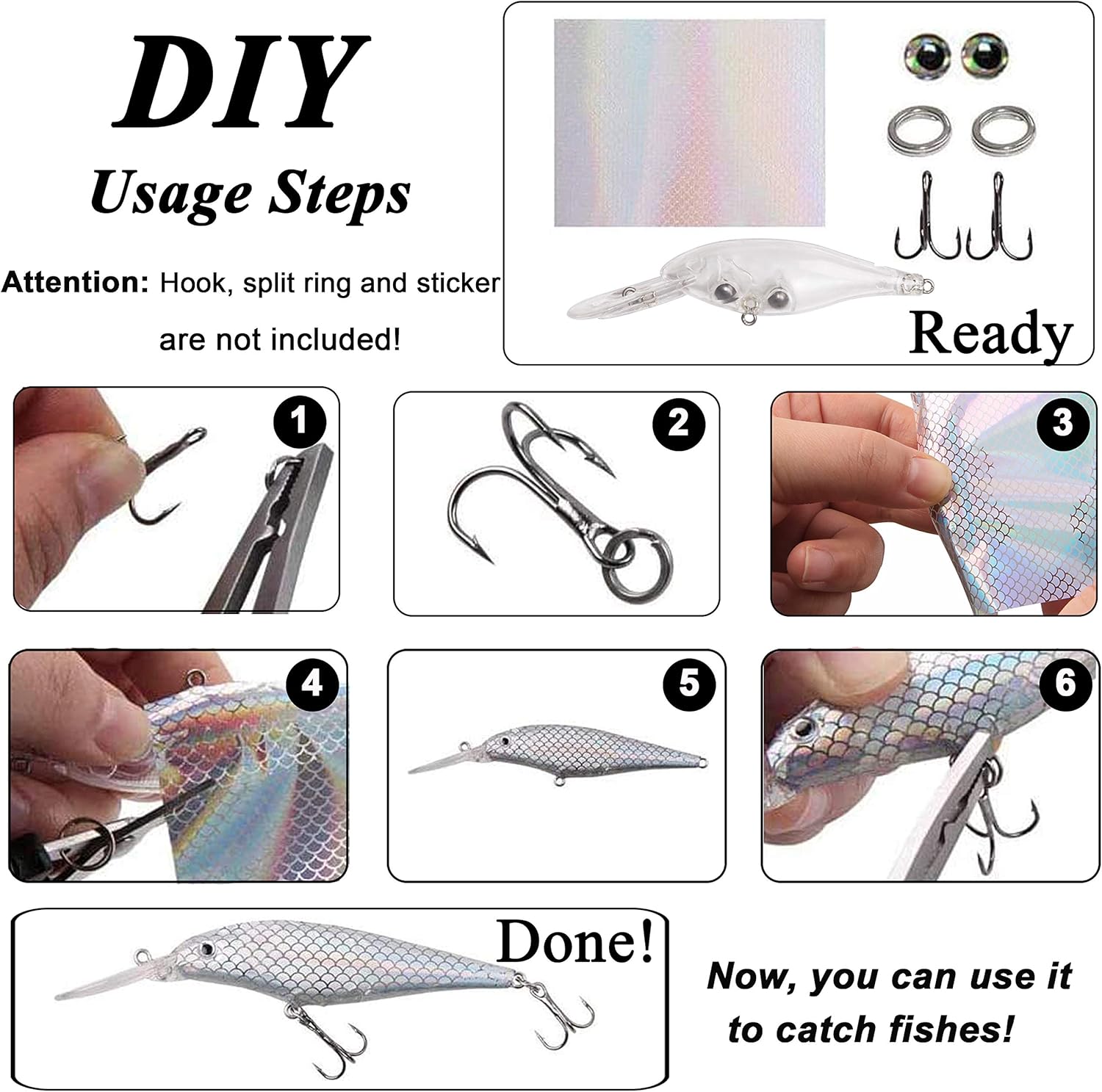 Unpainted Fishing Lures Making Kit, 321pcs DIY Blank Crankbaits Minnow Hard Bait Set with Treble Hooks,Split Rings,3D Eyes,Fishing Lure Stickers Pliers DIY Fishing Tackle