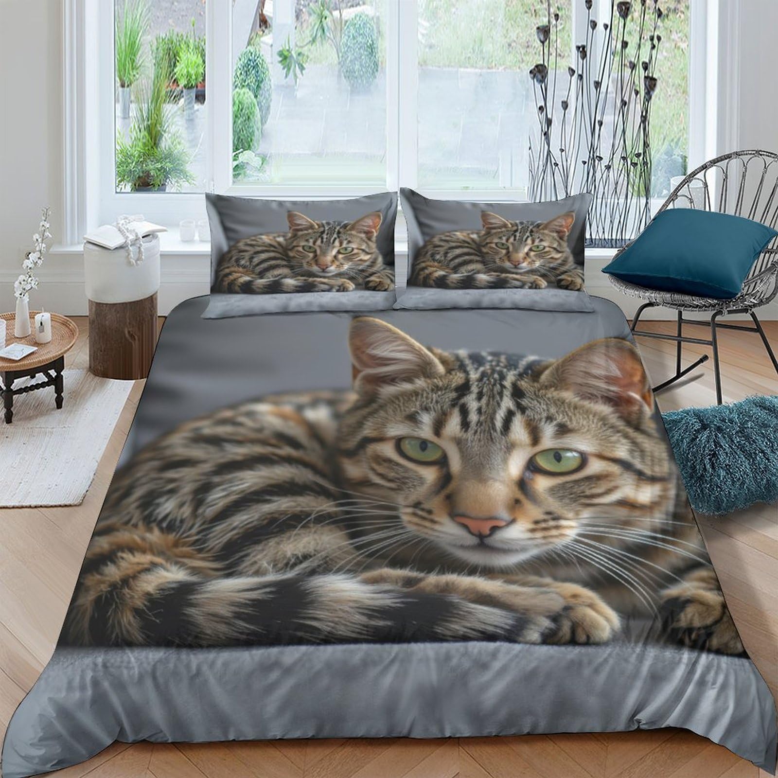 GPLZQXKJNH 3D Printed Tabby Cat Duvet Cover Microfiber Soft Breathable Realistic Cat Face Bedding Set with 2 Pillowcases for Bedroom Decor Single（135x200cm）