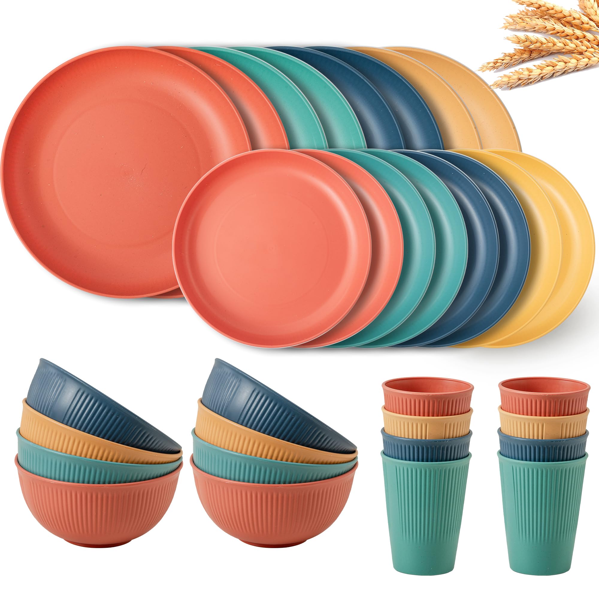 RVXHUAReusable Plastic Dinnerware Sets for 8, Wheat Straw Microwave Safe Cups Plates and Bowls Set, Unbreakable Kitchen Dish Set for RV Camping Picnic Dorm, 32Pcs, Multicolor