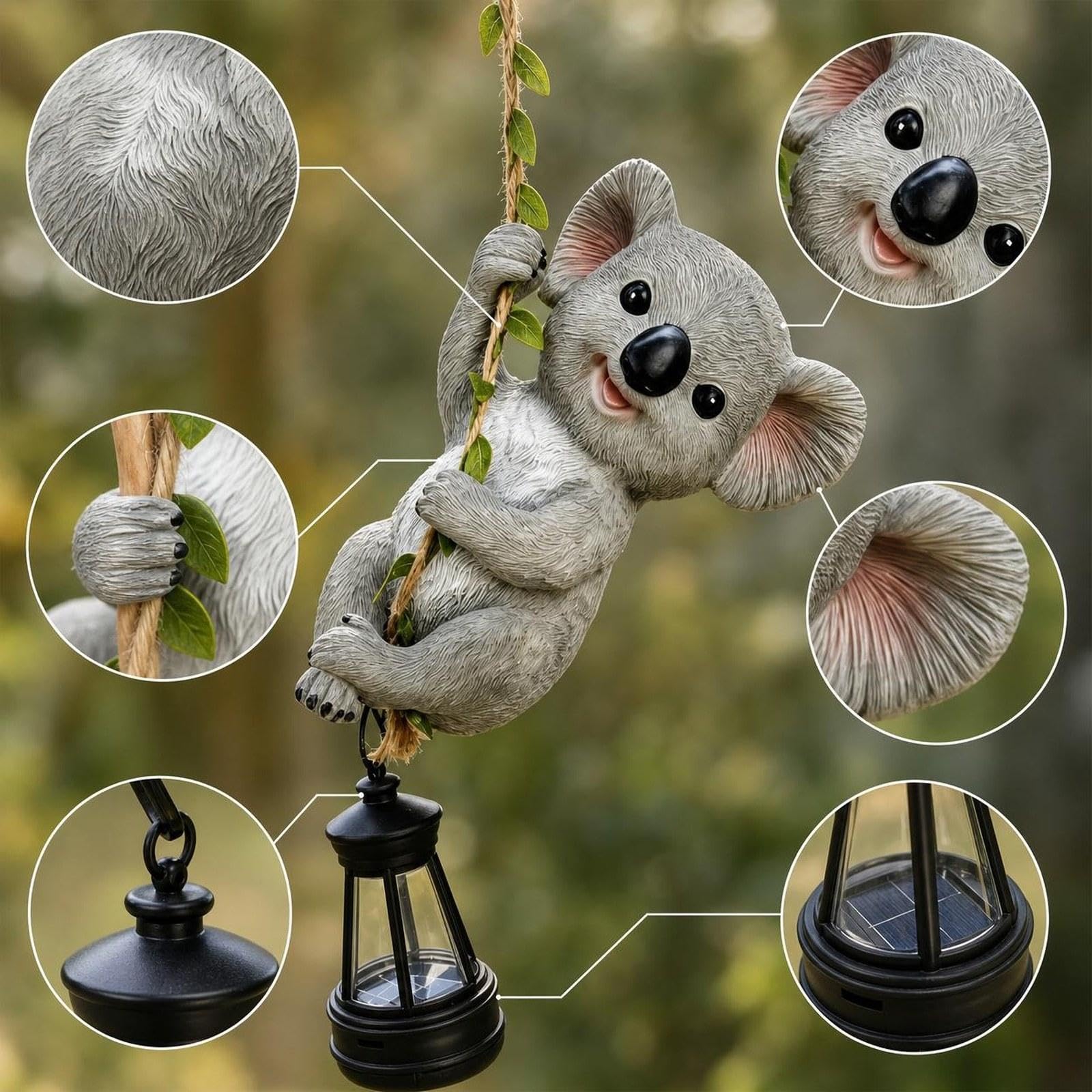 Statuetta da Giardino a Energia Lanterna a LED, Albero in Resina, Ideale per Alberi, Koala, 10.5 X 7.5 X 15.5 Cm