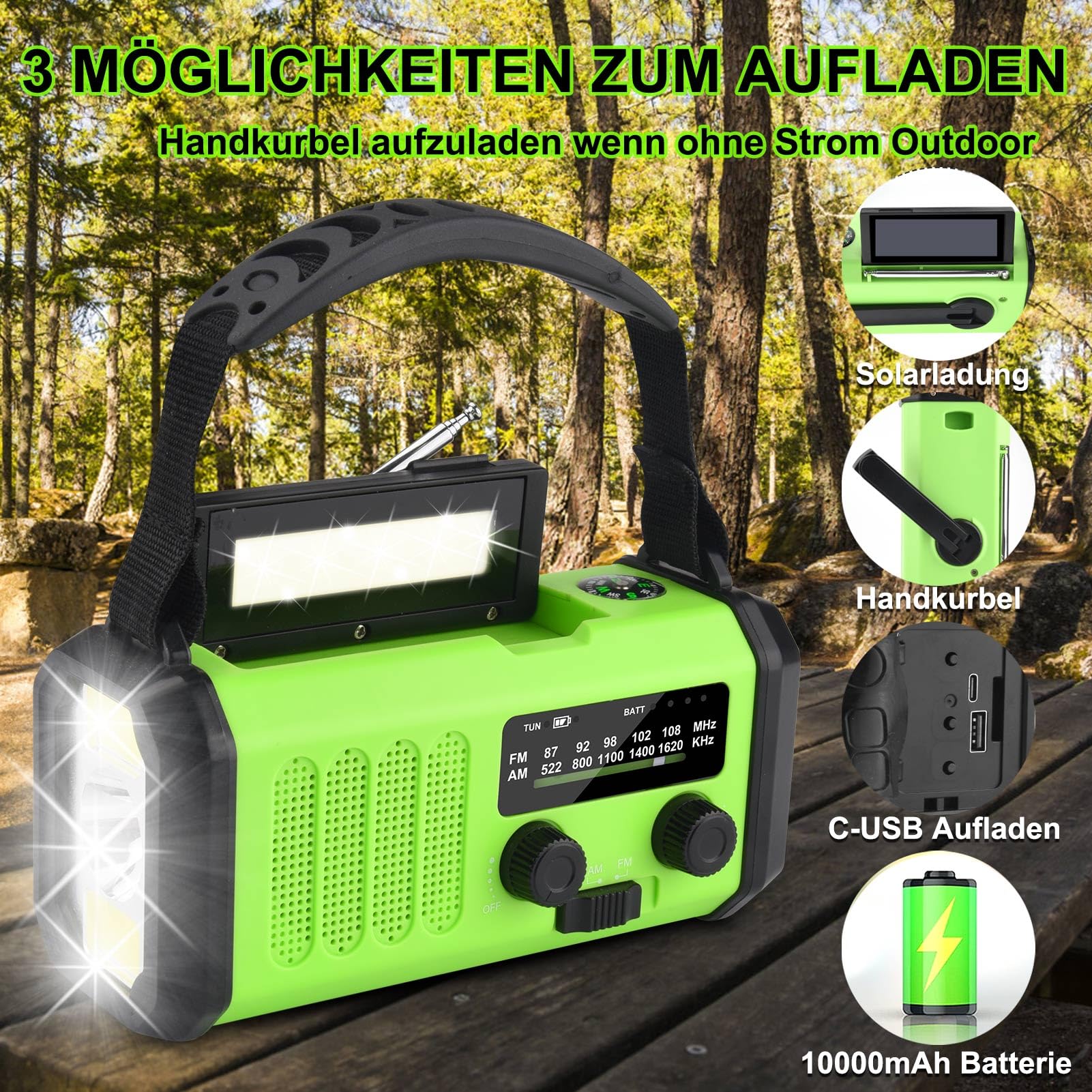 Radio Solaire Portable 10 000 mAh - Radio à manivelle AM/FM - avec Batterie Externe Rechargeable de 10 000 mAh - 3 Modes - Lampe de Poche LED - Lampe de Lecture LED - Alarme SOS, manivelle Dynamo et