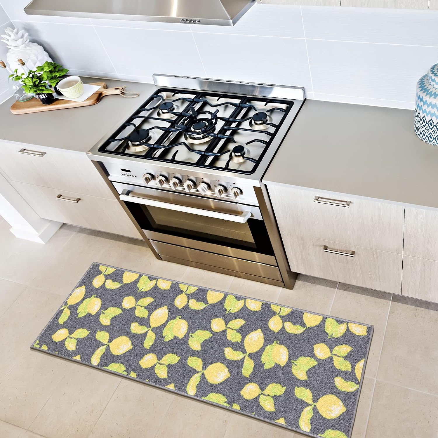 Machine Washable Lemons Design Non-Slip Rubberback 2x5 Kitchen Runner Rug for Kitchen, Hallway, Living Room, Bar, 20" x 59", Gray