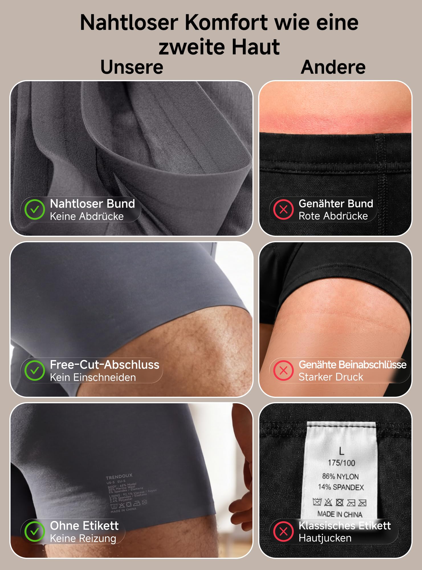 TRENDOUX Herren Boxershorts aus Modal und Merinowolle, Nahtloser Komfortbund und Beinabschlüsse, Weiches Dehnbares Längeres Bein und 3D-Komfortbeutel für Optimalen Komfort Modal Retroshorts