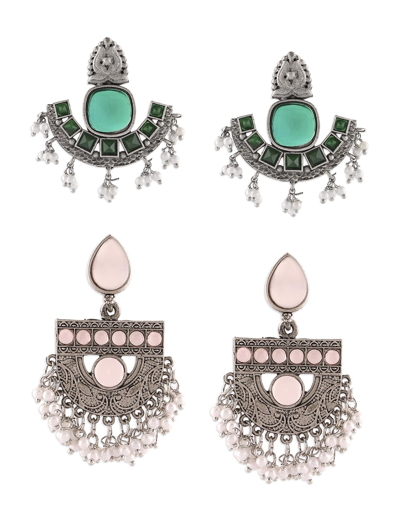 Zaveri Pearls Set Of 2 Green & Pink Silver Oxidised Stones & Beads Traditional Drops Earring For Women-ZPFK16846 (B0CLJJFR7P) Amazon Price History, Amazon Price Tracker