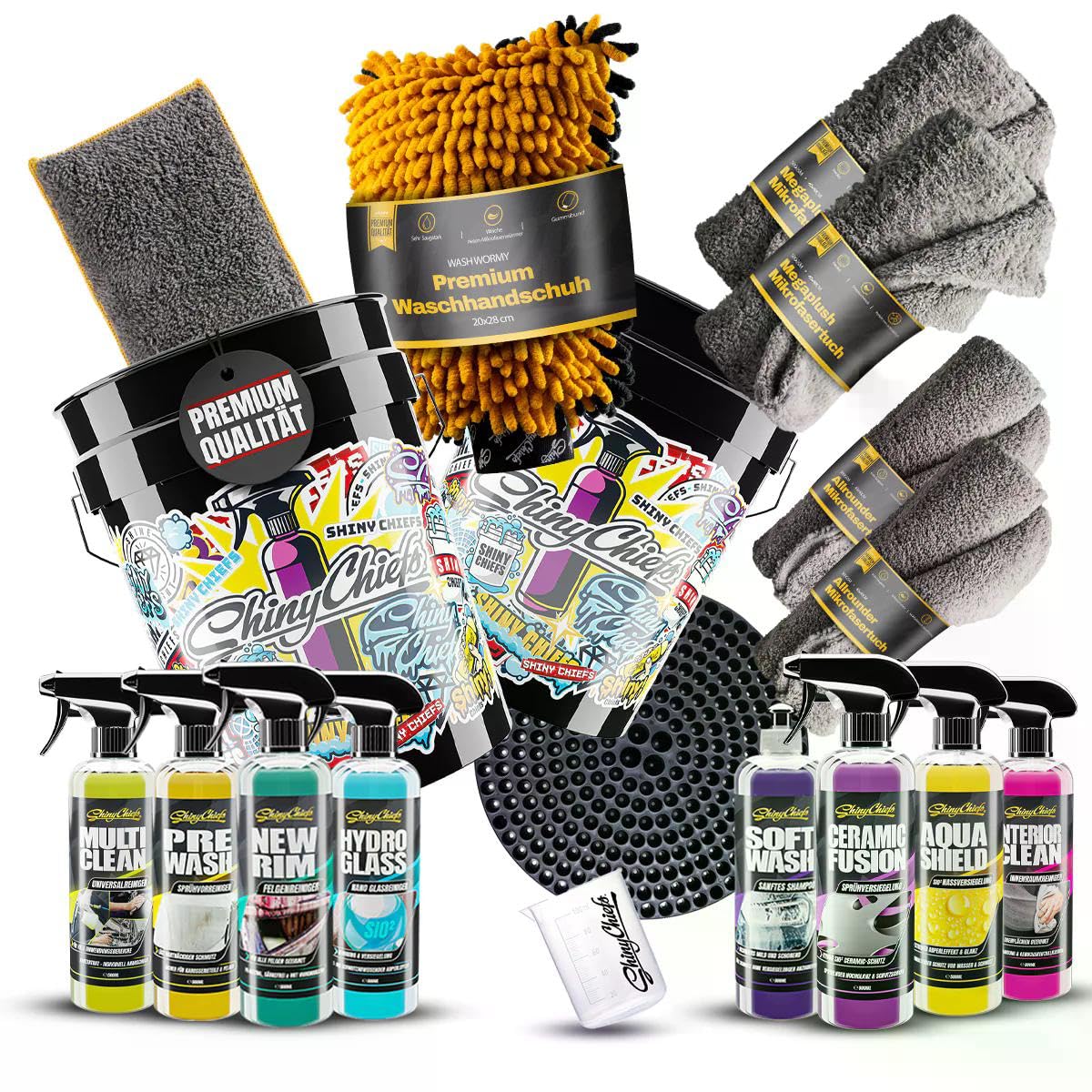 ShinyChiefs Premium Wasch Kit – Autopflege Komplettset für Innen & Außen | Vorreiniger, Felgenreiniger, Innenraumreiniger, Versiegelung & Zubehör