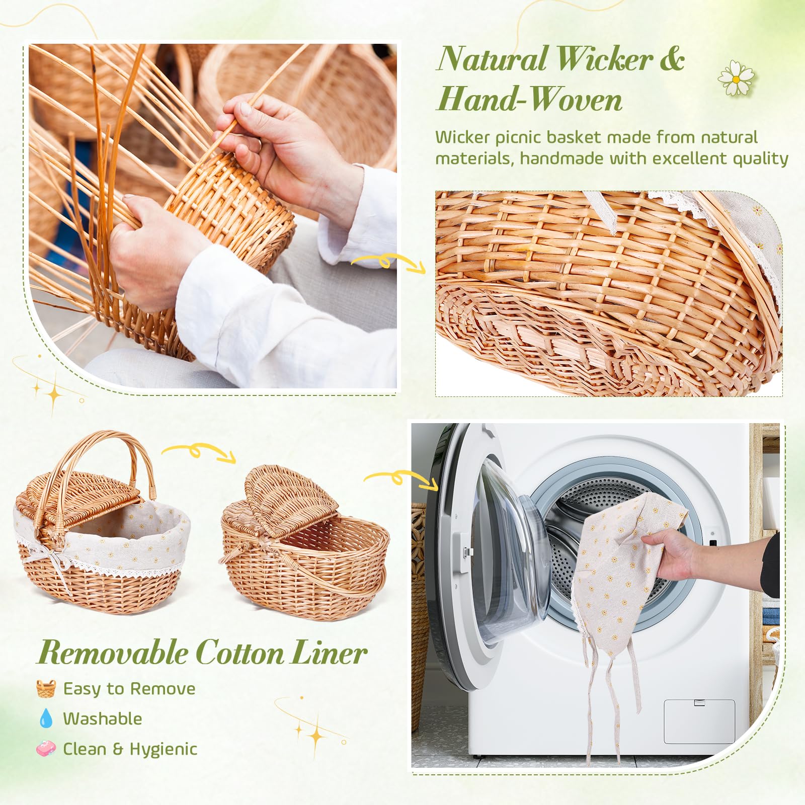 Wicker Picnic Basket Cesto Picnic in Vimini Fatto a Mano, Grande Cesto Portaoggetti con Doppio Coperchio Ribaltabile & Manico Pieghevole per Picnic all’Aperto, Spiaggia,Deposito Hiking, BBQ