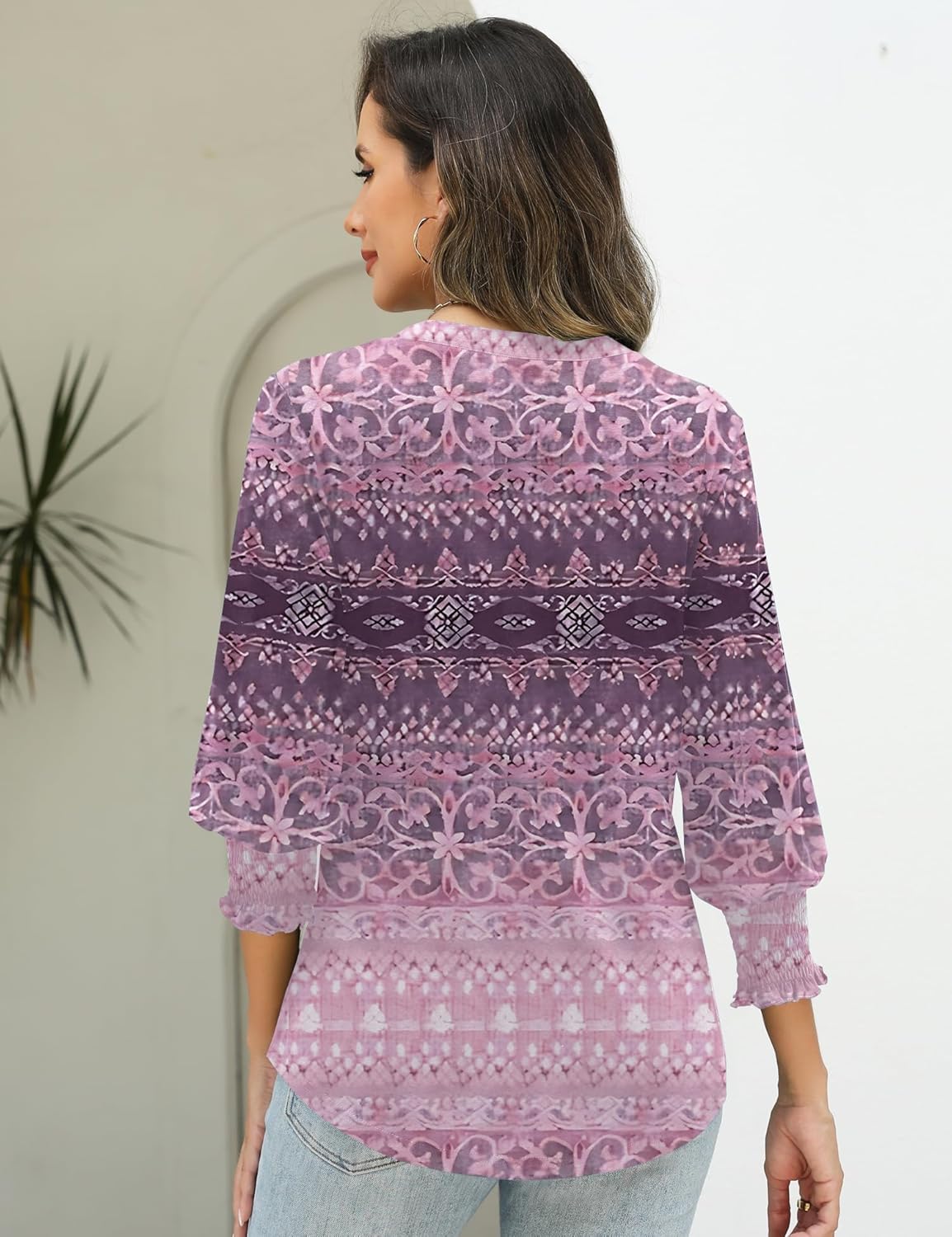 AKEWEI 3/4 Length Sleeve Womens Tops Summer Fashion V Neck Business Casual Blouses Smocked Shirts - Image 3