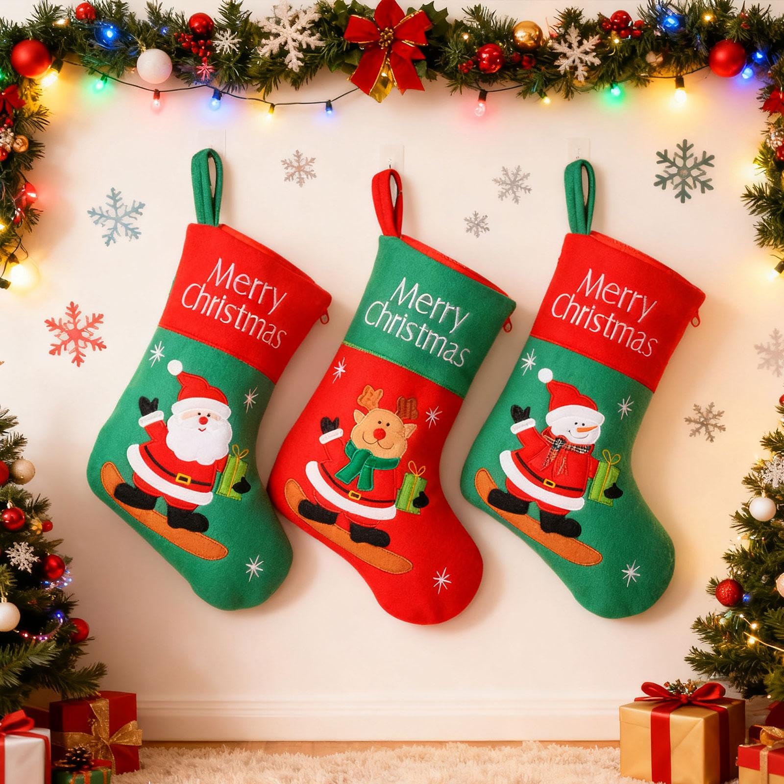 3er Pack Weihnachtsstrümpfe Aus Plüschstrickstoff, Ideal Als Dekoration, Geschenk Oder Zum Aufhängen, Z. B. Am Kamin, Treppenhaus Oder Schlafzimmer, L