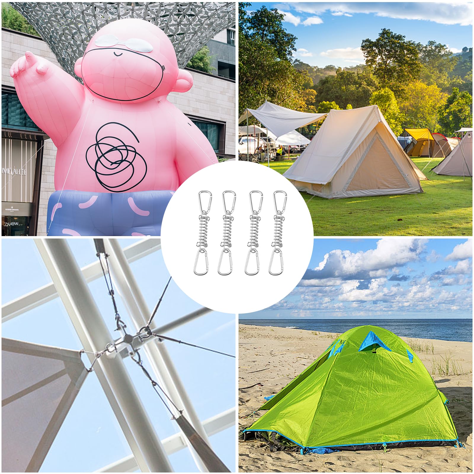 GETRICH 4 Stück Edelstahl Zugfedern mit Ösen für Sonnensegel Befestigung Spannfedern Spannfeder Sprungfedern Spannfeder Sonnensegel Stahlfeder mit 8 Stück Karabiner für Camping Markise Zelteund Mehr