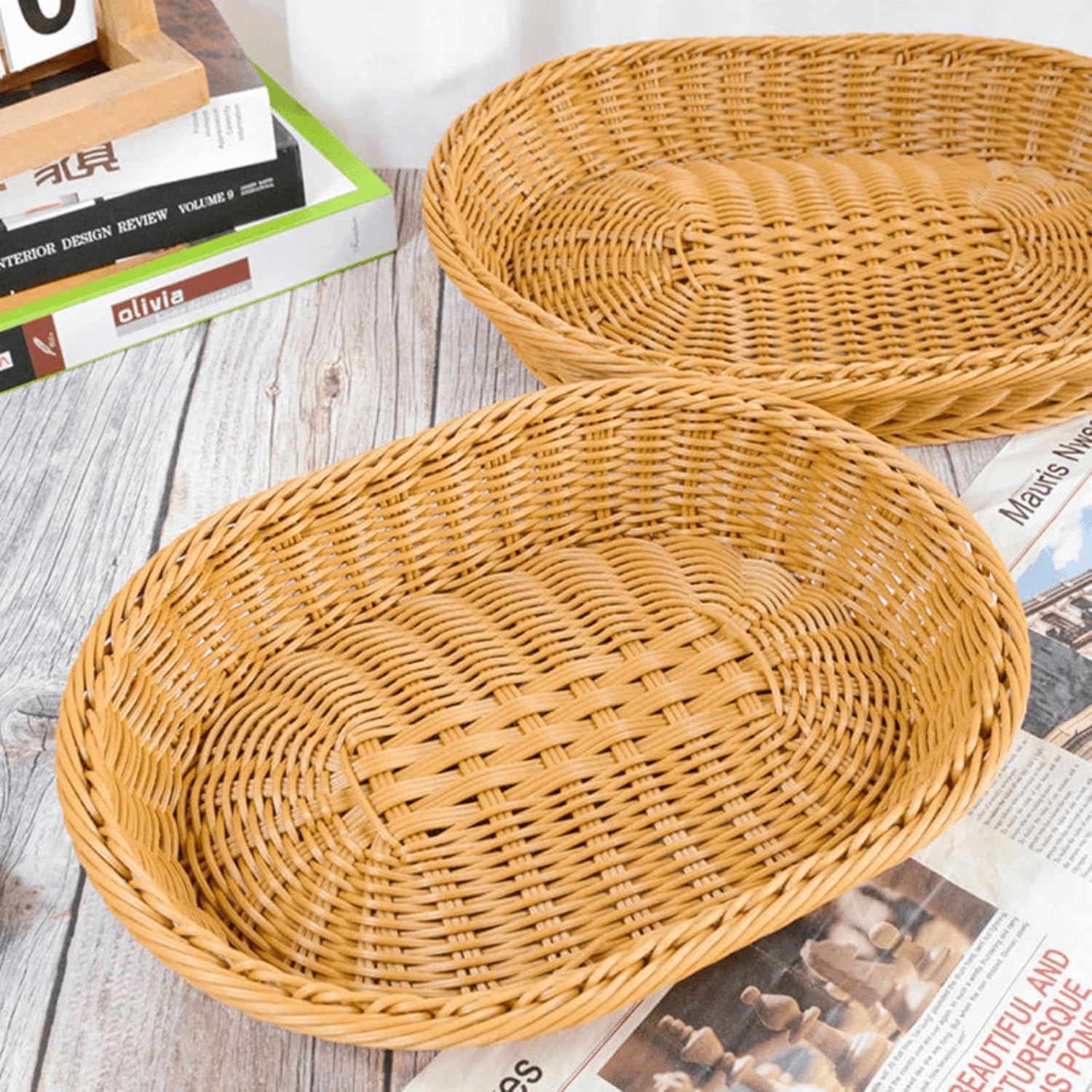 Handmade Wicker Bread Basket, 13.87x9.84x2.76inch Plastic Basket, Polyweave Woven Serving Basket, Food Storage Basket for Kitchen, Restaurant, Bakery
