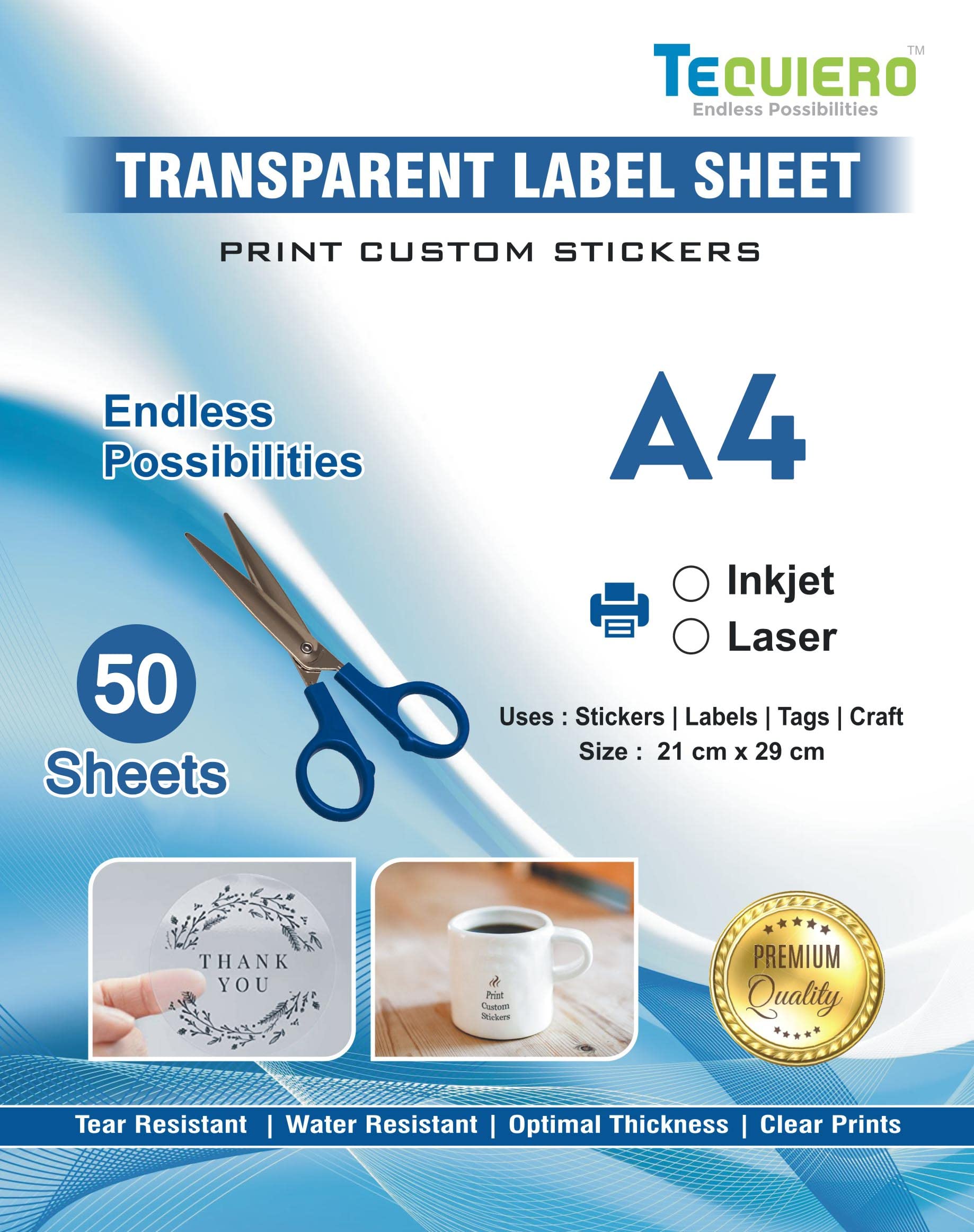TeQuiero 50 Transparent Glossy Sticker Sheet A4 Paper Label Self Adhesive Sheets for Printing Stickers and Clear Labels (Inkjet & Laser Printer) - 50 Sheets