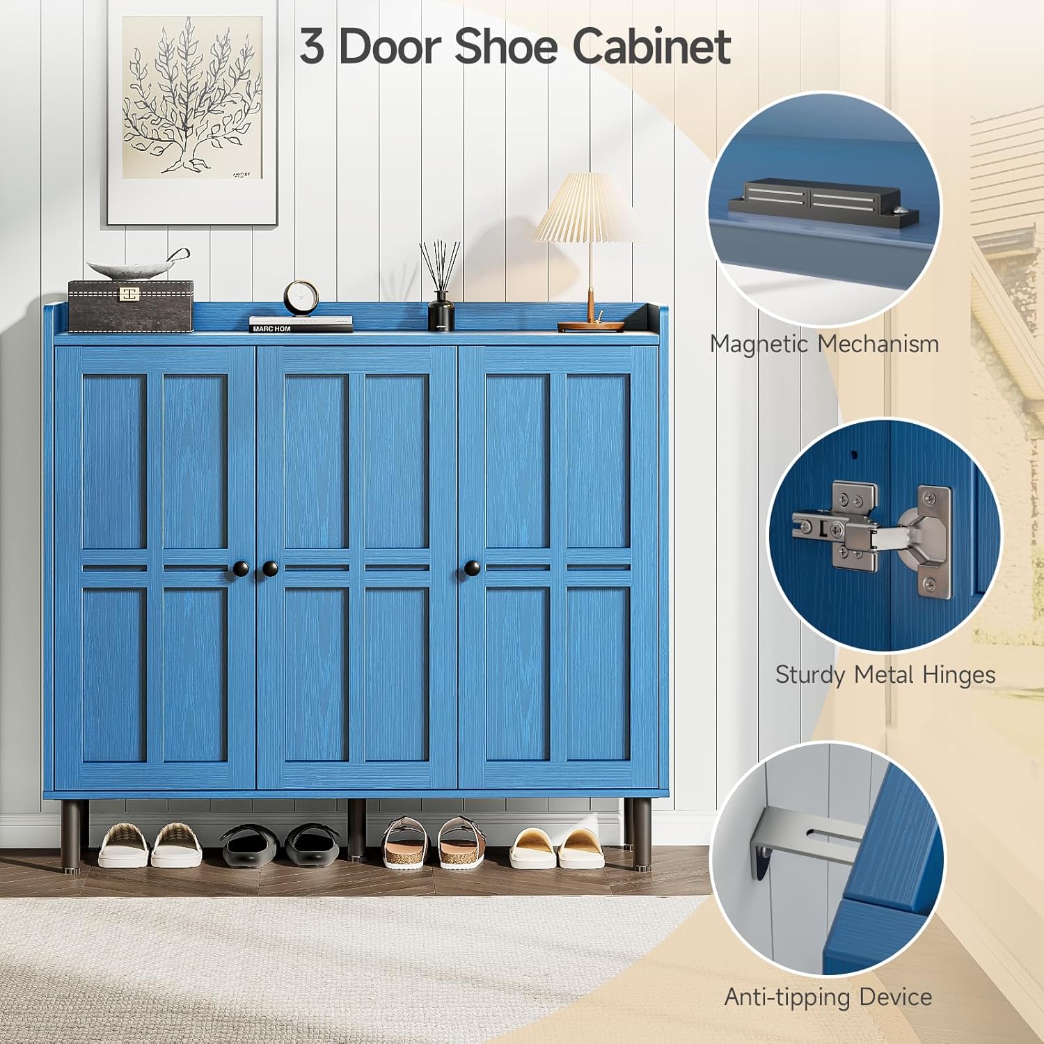 ONBRILL Shoe Cabinet with 3 Doors and Adjustable Shelves, 30 Pairs Shoe Storage Cabinet, 40 Inch Tall Farmhouse Shoe Rack Shoe Organizer Cabinet for Entryway Living Room Closet, Blue