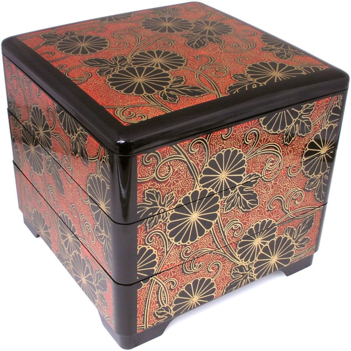Japanese Lacquer Three Tiers Chrysanthemum Stack Candy Bento Box