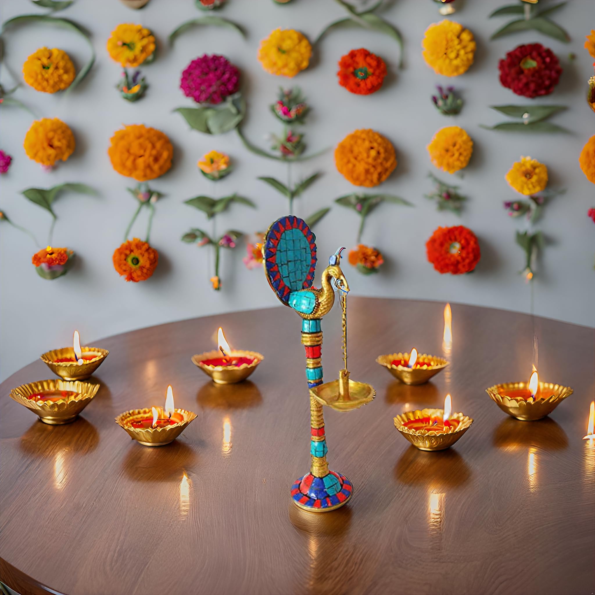 PARIJAT HANDICRAFT Chritmas's Sale Decors Peacock Oil Lamp with Stone Work