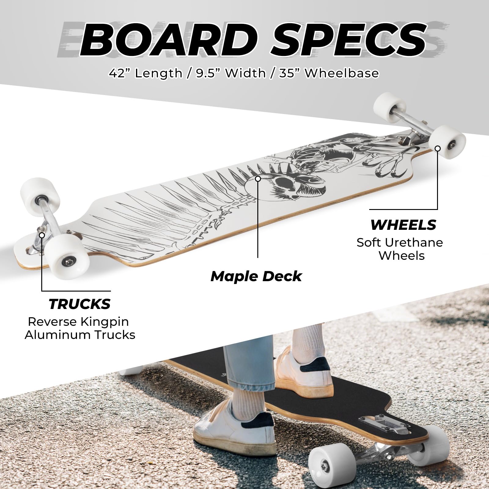 Nattork Cruiser Longboard Skateboard complet en érable canadien 8 couches pour le confort, le sculptage et la descente avec outil en T, fabriqué pour adultes, adolescents et enfants