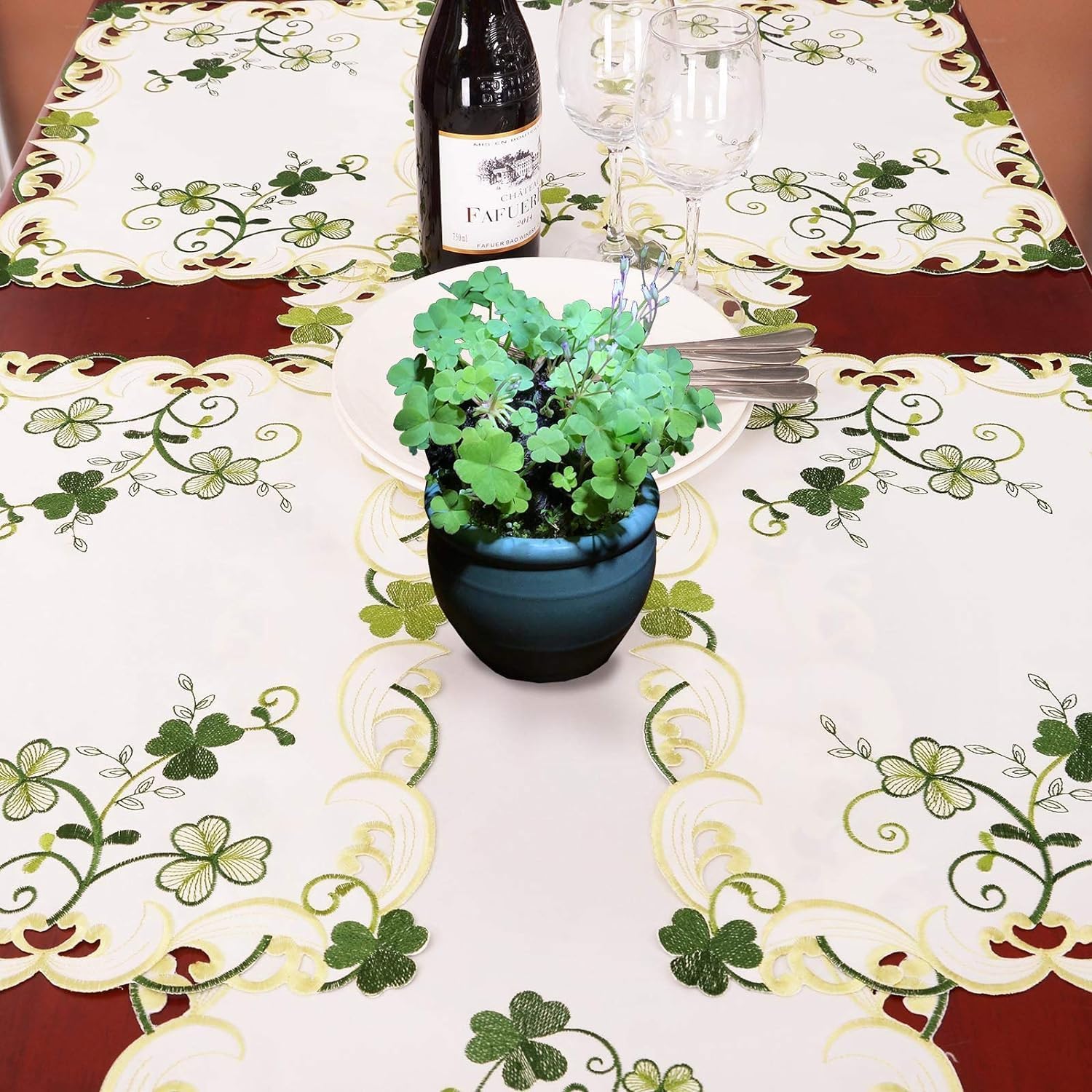 Simhomsen Embroidered Irish Clover St. Patrick’s Day Table Runner, Spring Shamrock Decorations (14 x 108 inches)